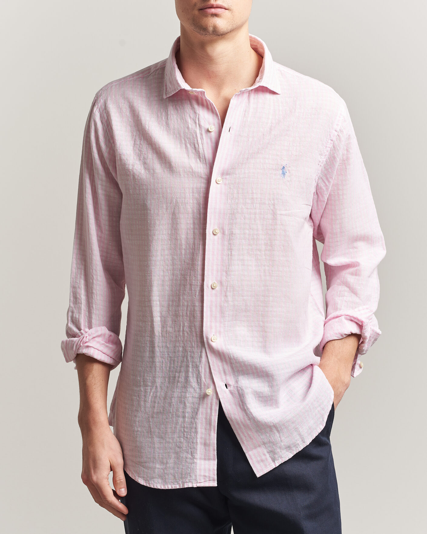 Men | Shirts | Polo Ralph Lauren | Cotton/Linen Seersucker Shirt Pink/White