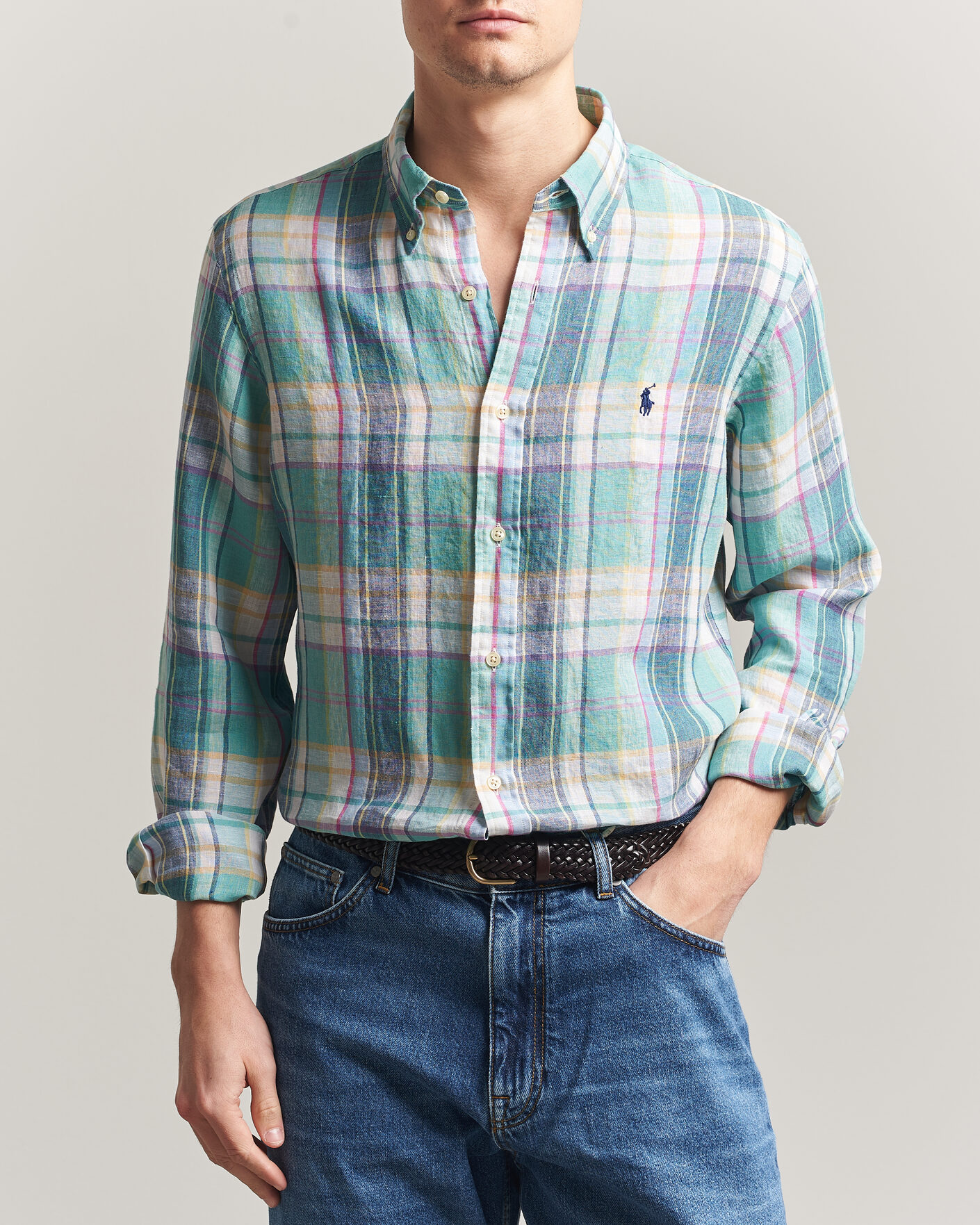 Men | Shirts | Polo Ralph Lauren | Custom Fit Check Linen Shirt Green/Blue/White