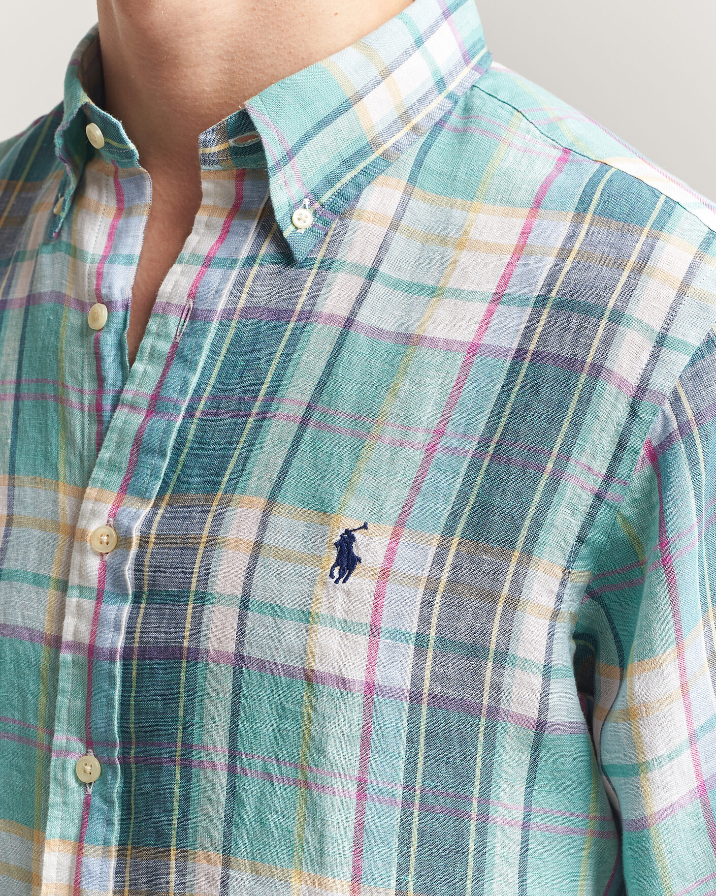 Men | Shirts | Polo Ralph Lauren | Custom Fit Check Linen Shirt Green/Blue/White