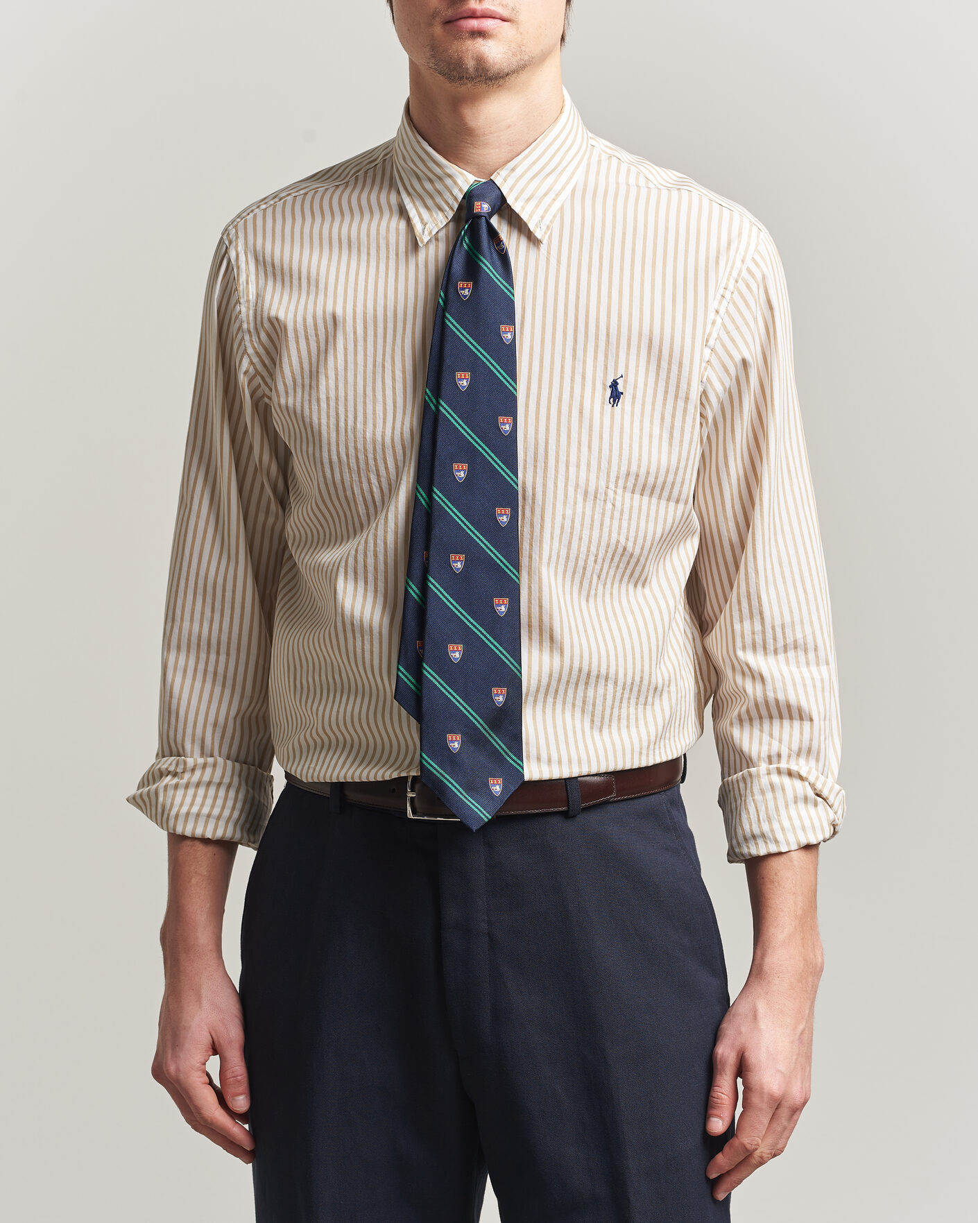 Men | Shirts | Polo Ralph Lauren | Custom Fit Poplin Striped Shirt Coastal Beige