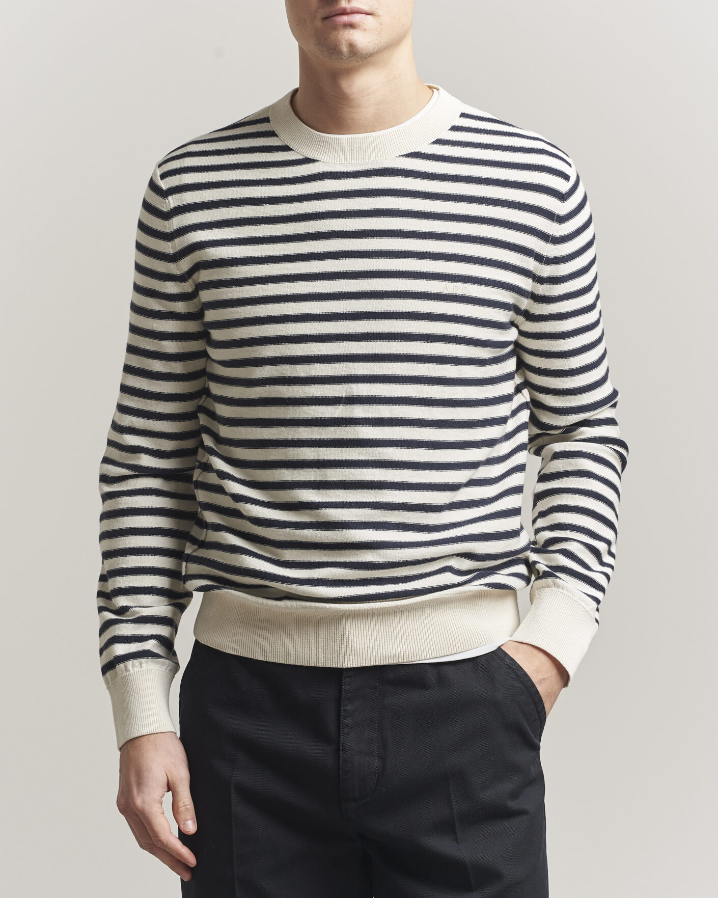 Men | Sweaters & Knitwear | A.P.C. | Paul Striped Knitted Sweater Ecru/Dark Navy