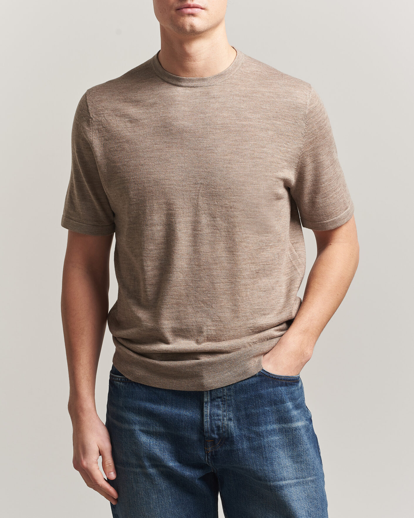 Men | T-Shirts | Tiger of Sweden | Connor Merino Knitted T-Shirt Beige Melange