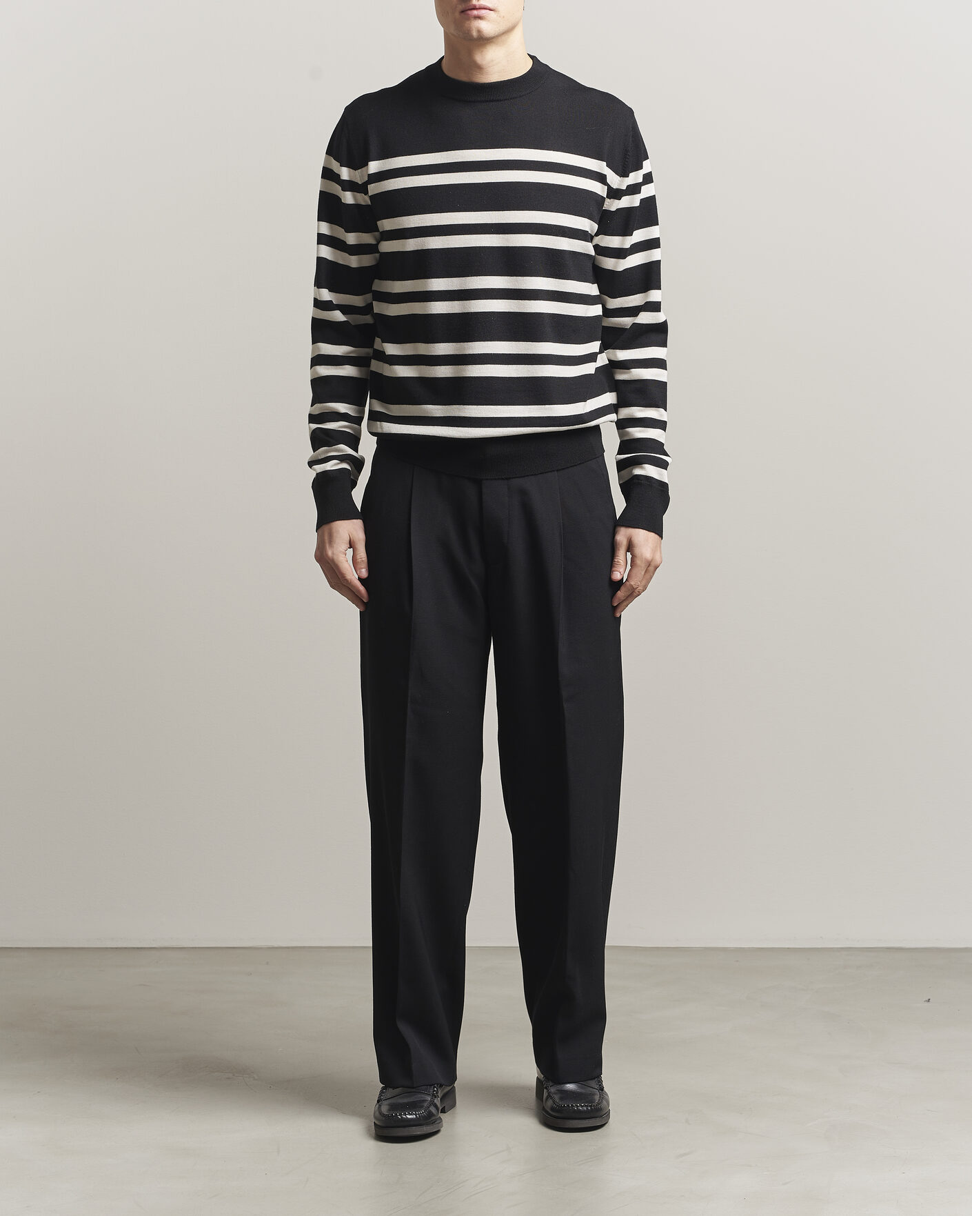 Men | Sweaters & Knitwear | Filippa K | Merino Knitted Striped Sweater Black/White