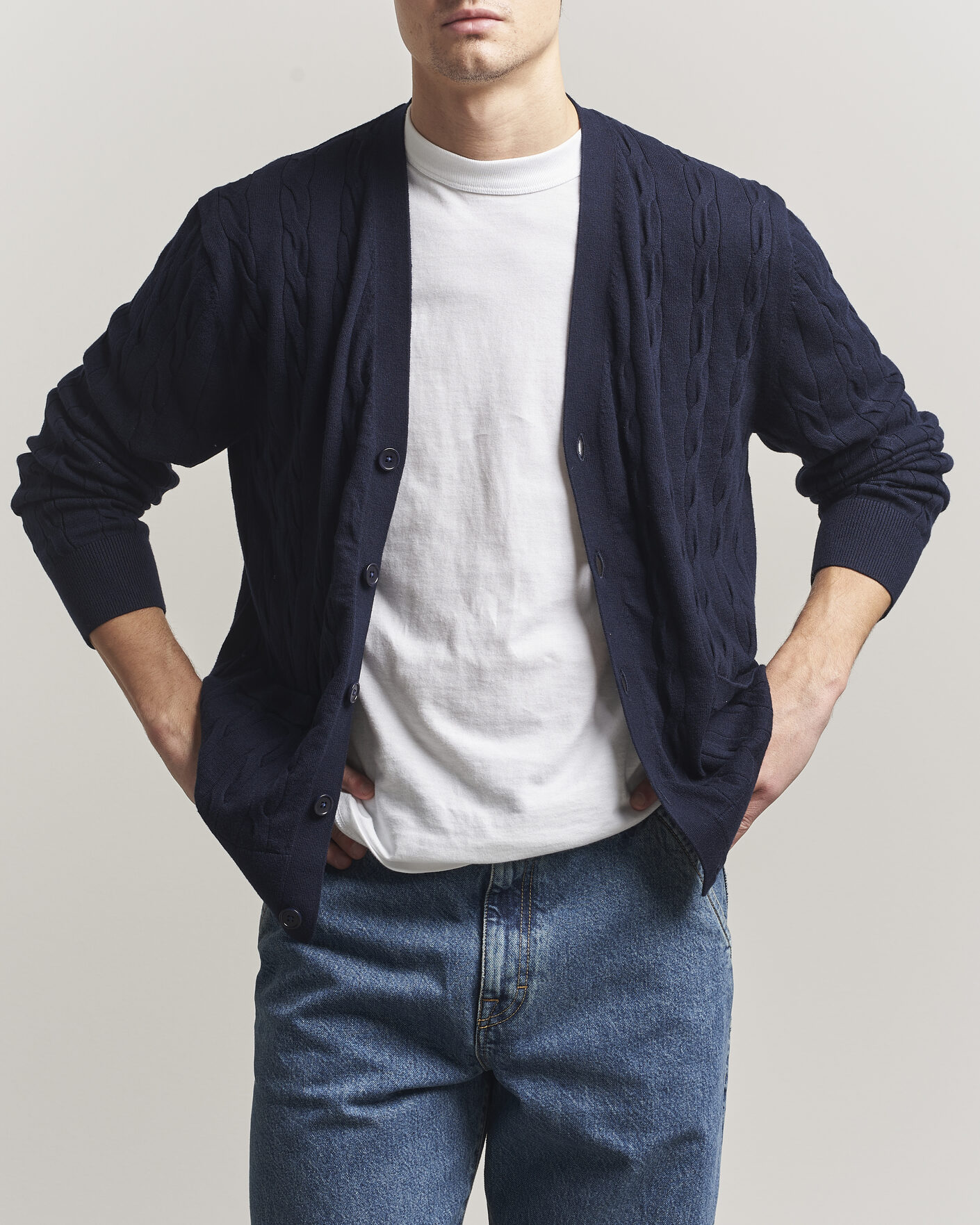 Men | Sweaters & Knitwear | Filippa K | Cotton/Merino Cable Cardigan Navy