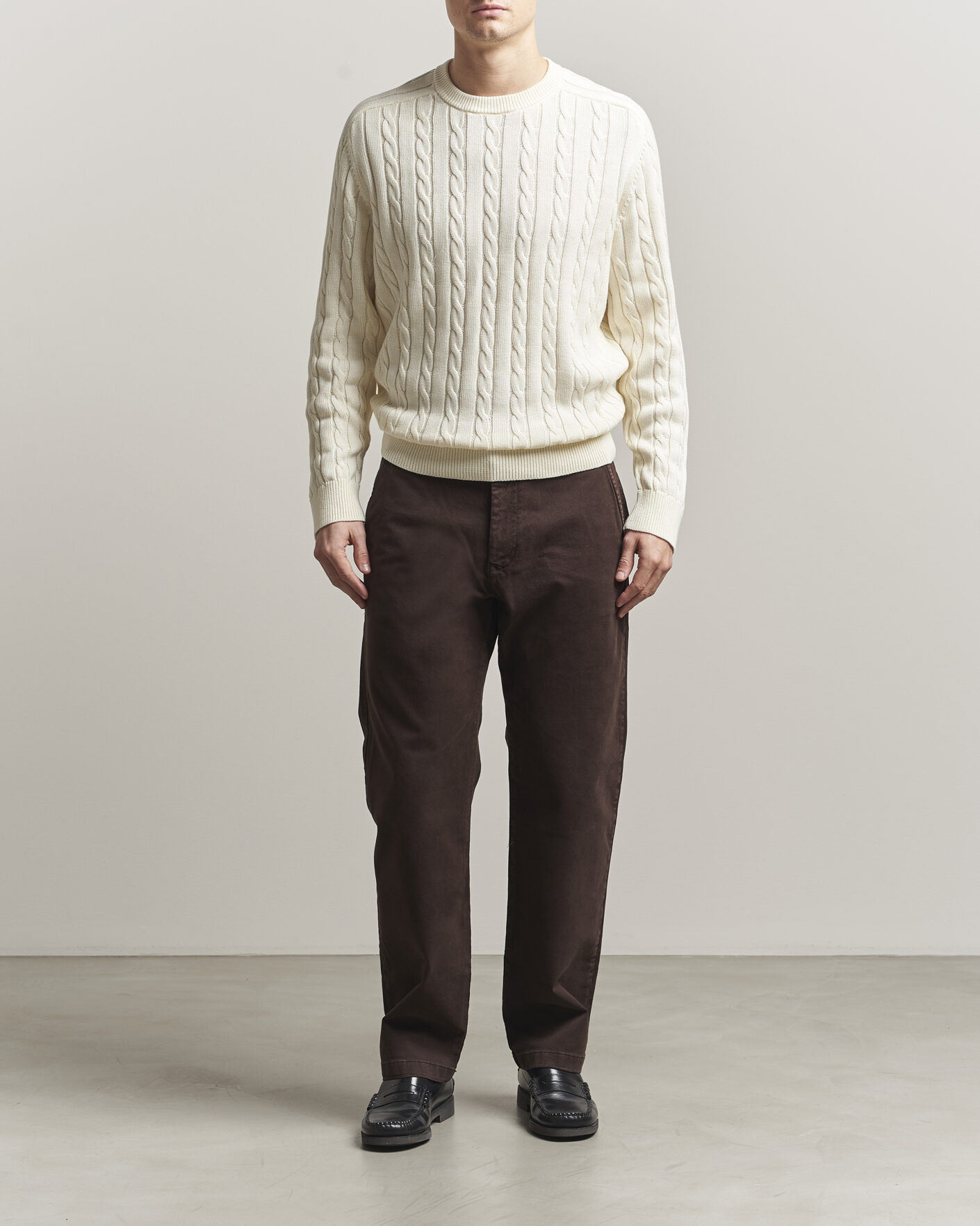 Men | Sweaters & Knitwear | Filippa K | Cotton Cable Crew Neck Sweater Calico White