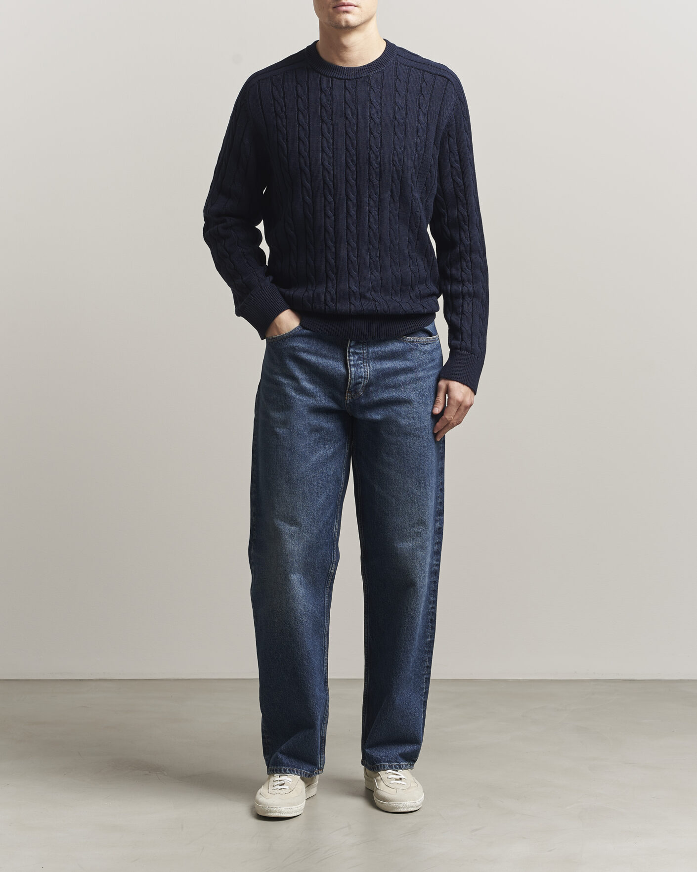 Men | Sweaters & Knitwear | Filippa K | Cotton Cable Crew Neck Sweater Navy