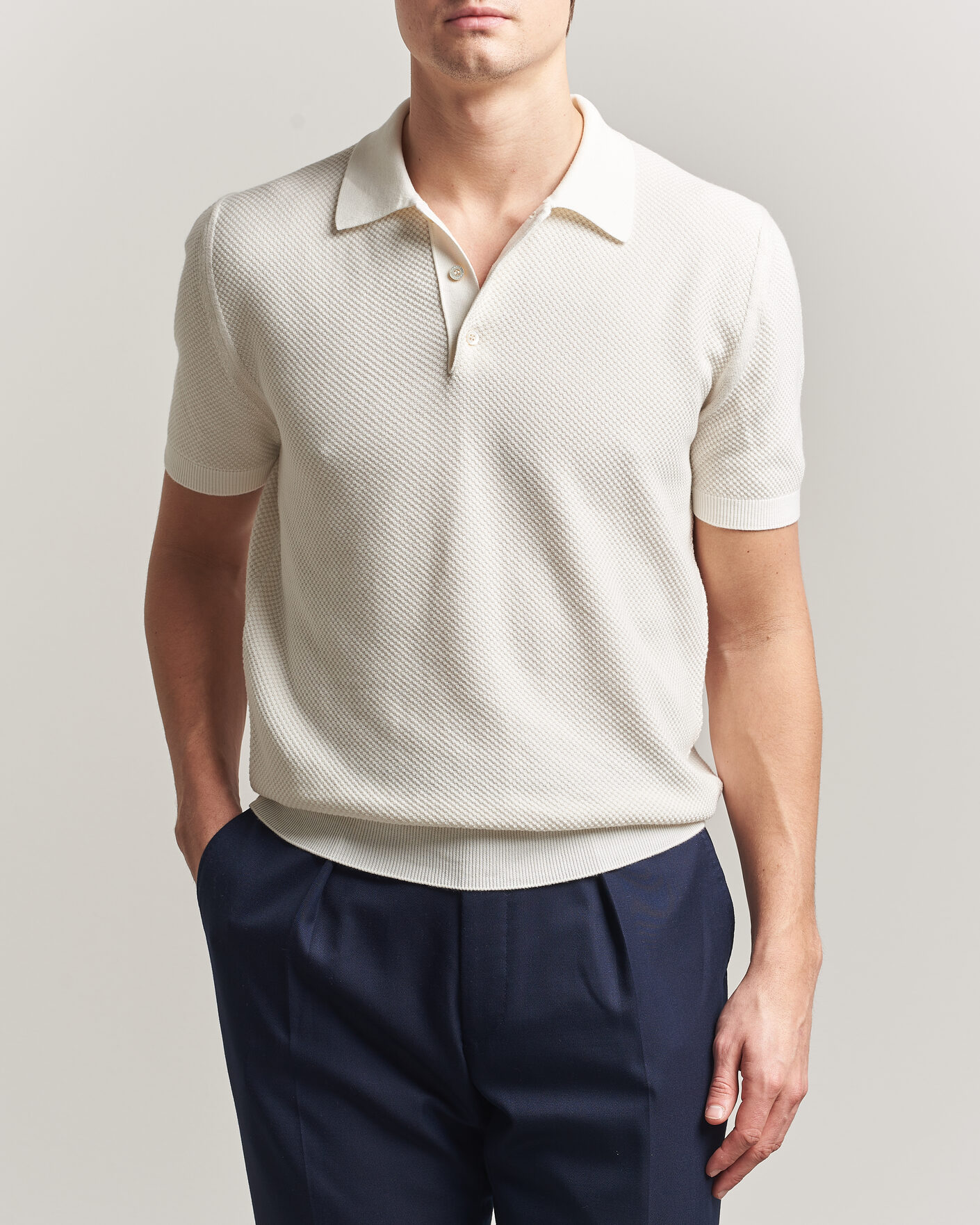 Men | Polo Shirts | Canali | Textured Knit Short Sleeve Polo Off White