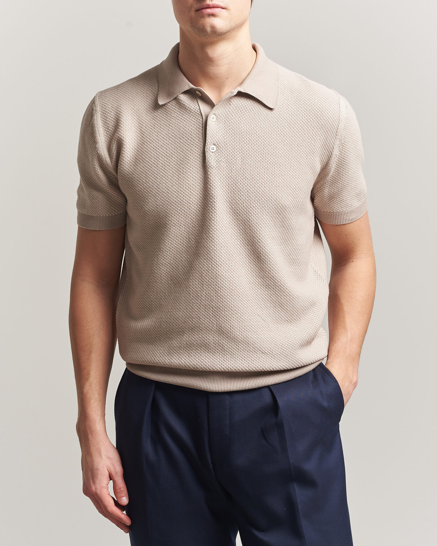 Men | Polo Shirts | Canali | Textured Knit Short Sleeve Polo Light Beige