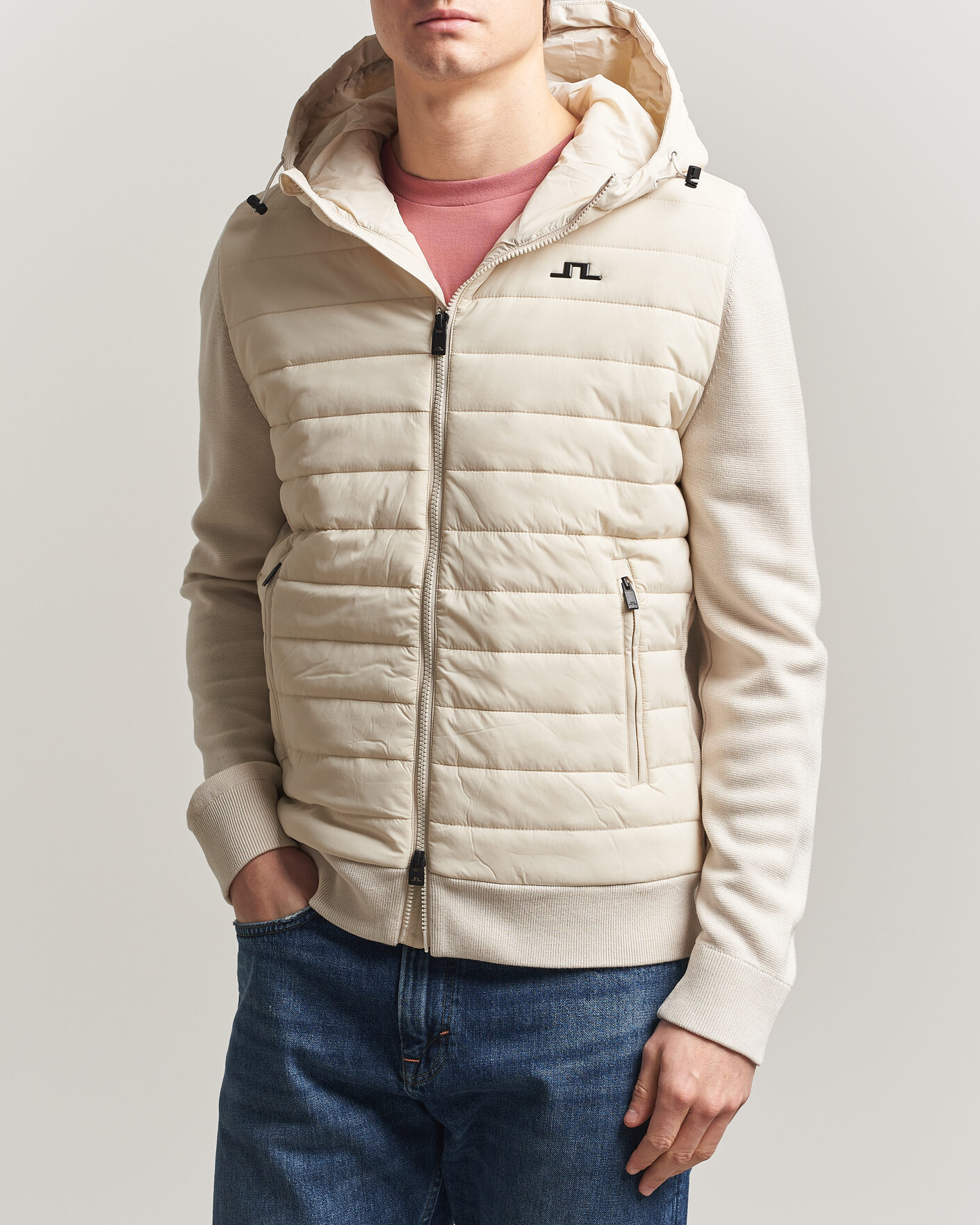 Men | Coats & Jackets | J.Lindeberg | Ebbe Hybrid Knit Hoodie Moonbeam