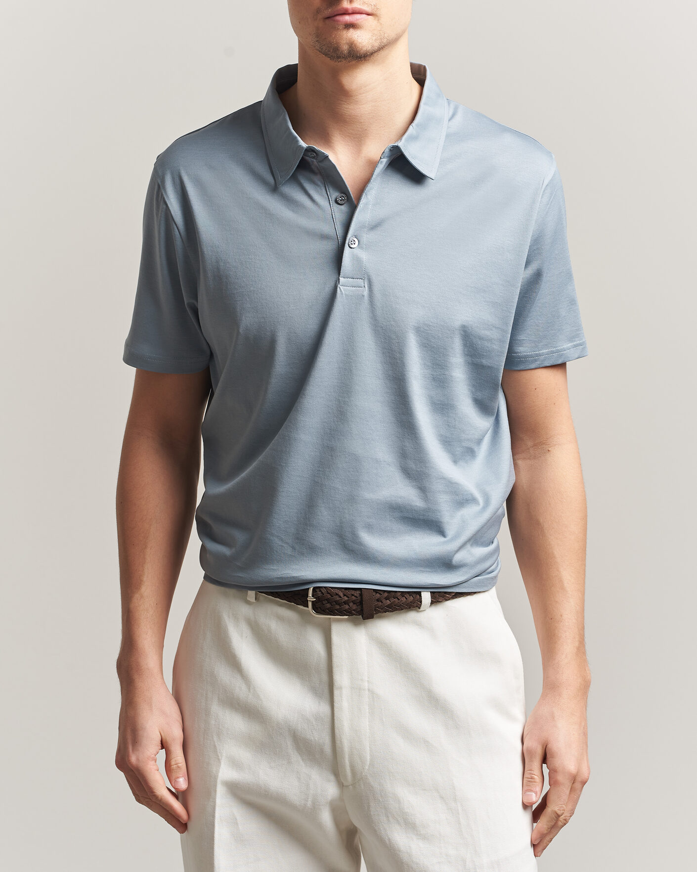 Men | Polo Shirts | Sunspel | Cotton Jersey Polo Stone Blue