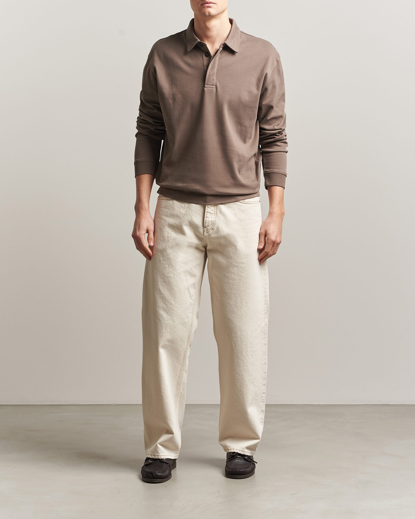 Men | Polo Shirts | Sunspel | Heavy Weight Supima Cotton Long Sleeve Polo Dark Cedar