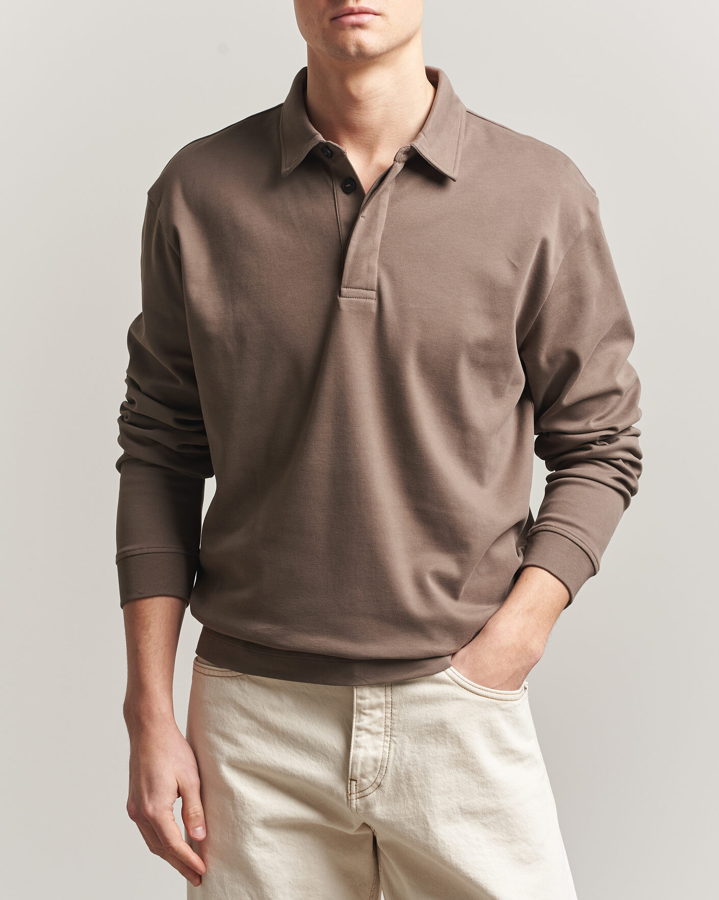Men | Polo Shirts | Sunspel | Heavy Weight Supima Cotton Long Sleeve Polo Dark Cedar