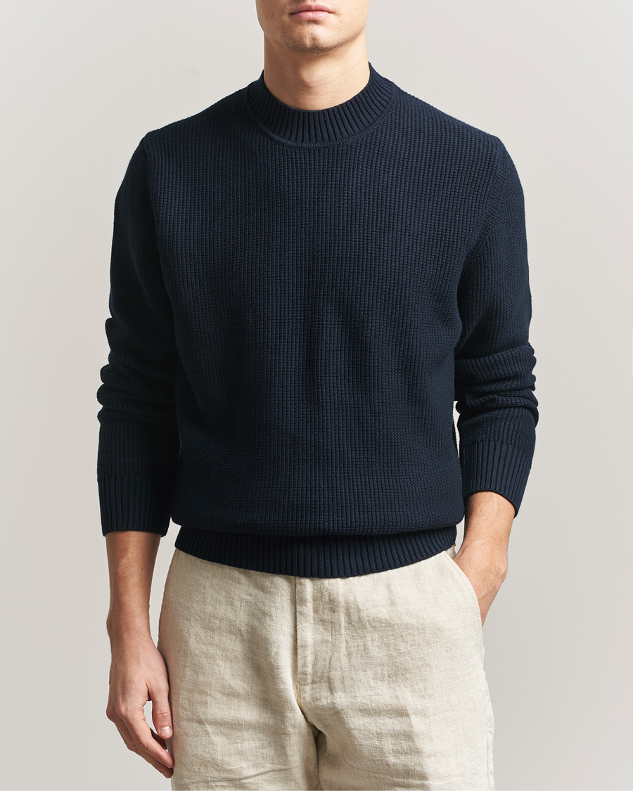 Men | Sweaters & Knitwear | Sunspel | Cotton Stitch Mock Neck Navy