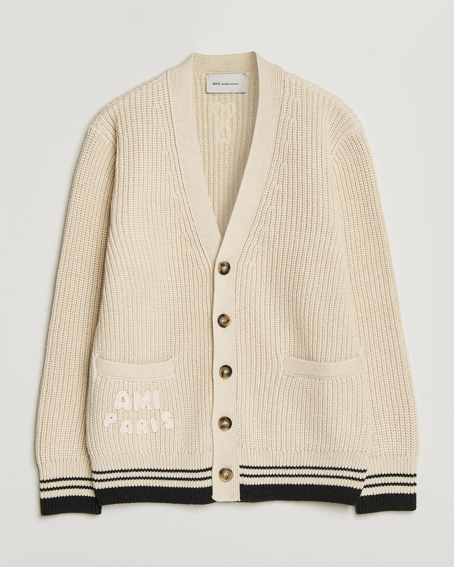 Men | Sweaters & Knitwear | AMI | Wool/Cotton Ribbed Cardigan Creme
