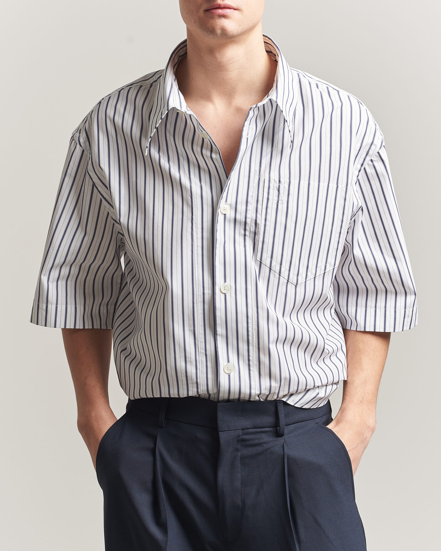 Men | Shirts | AMI | Short Sleeve Camp Collar Shirt White/Blue