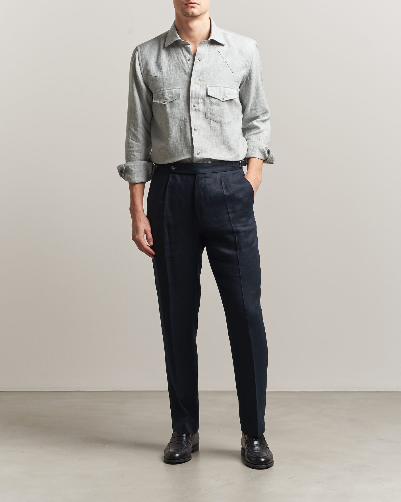 Men | Shirts | 100Hands | Two Pocket Western Linen Shirt Mint Green