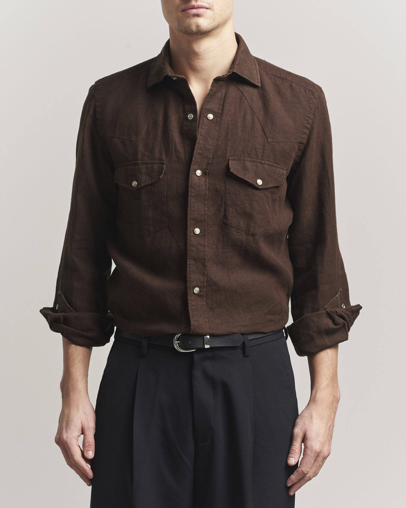Men | Shirts | 100Hands | Two Pocket Western Linen Shirt Chocolate