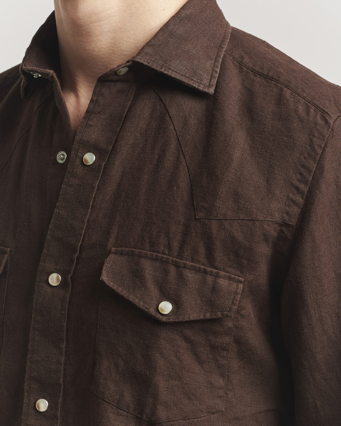 Men | Shirts | 100Hands | Two Pocket Western Linen Shirt Chocolate