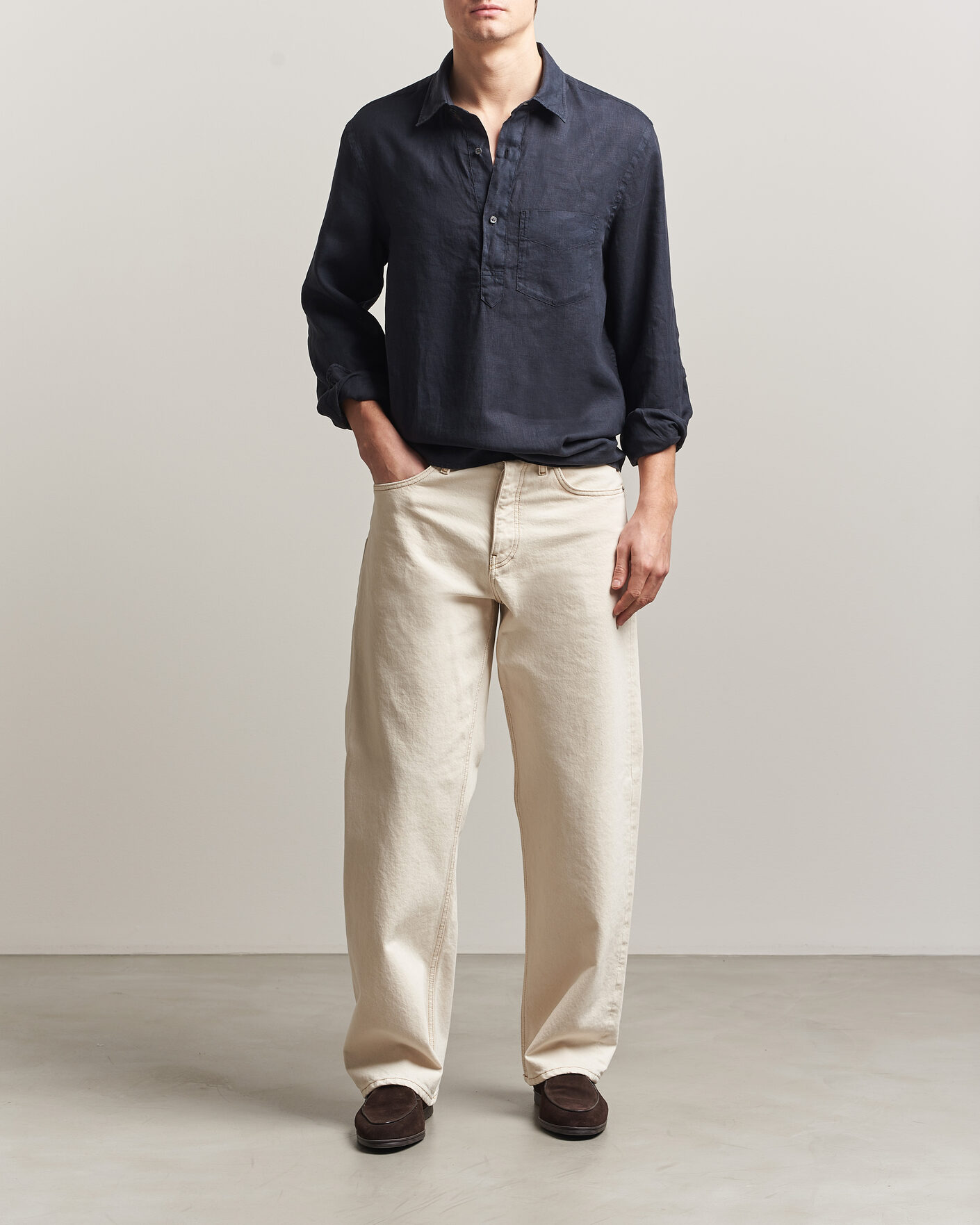 Men | Shirts | Aspesi | Popover Linen Shirt Navy