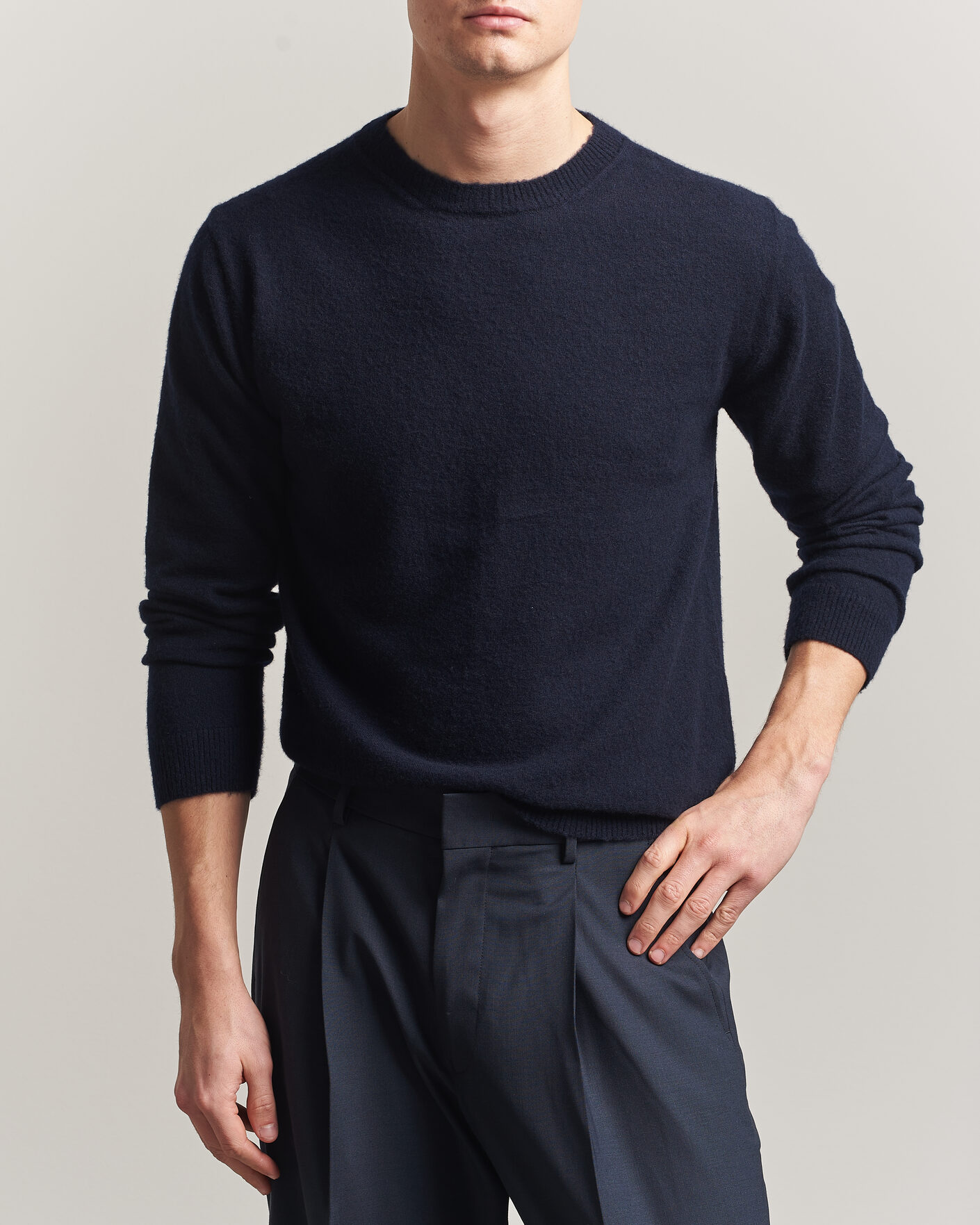 Auralee Brushed Cashmere/Cotton Crew Neck Navy at CareOfCarl.com