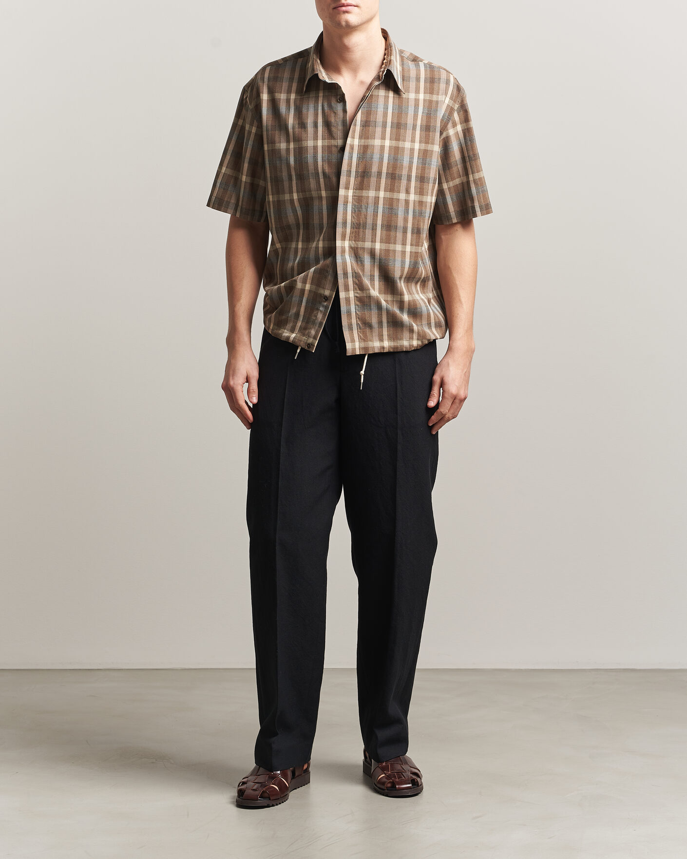 ATON ベスト COMOLI AURALEE YOKE TEATORA URU Auralee Tropical Wool Half Sleeve Shirt Brown Check at CareOfCarl.com