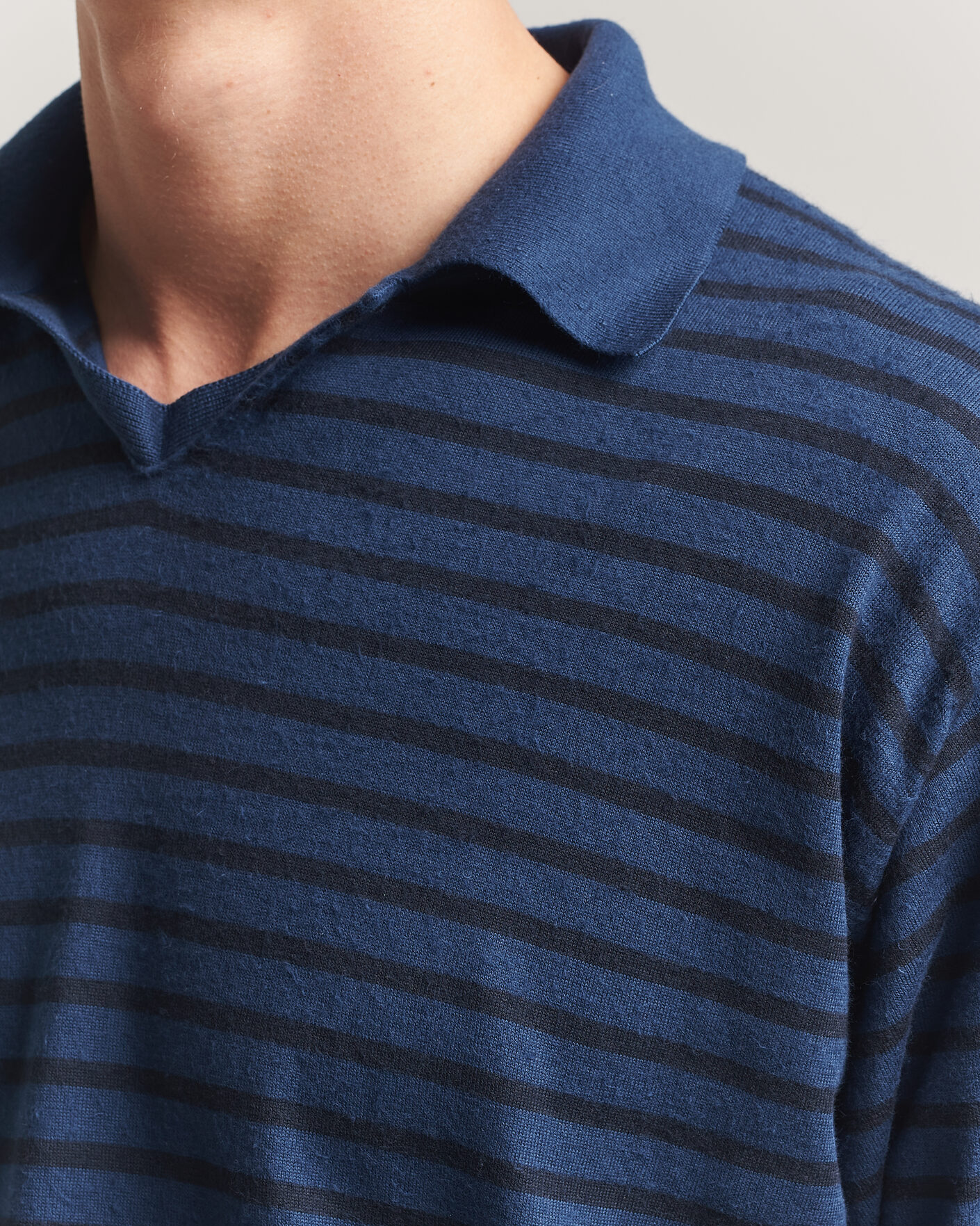 Auralee Cotton Knit Skipper Polo Navy Stripe at CareOfCarl.com