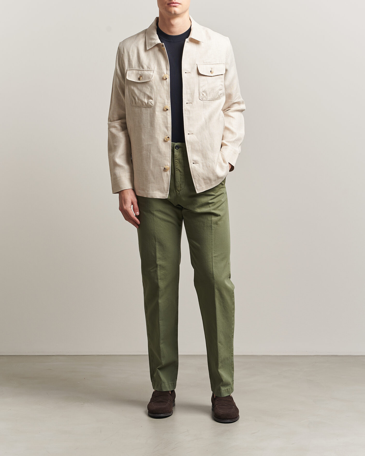 Men | Trousers | Incotex | Regular Fit Cotton/Linen Slacks Military