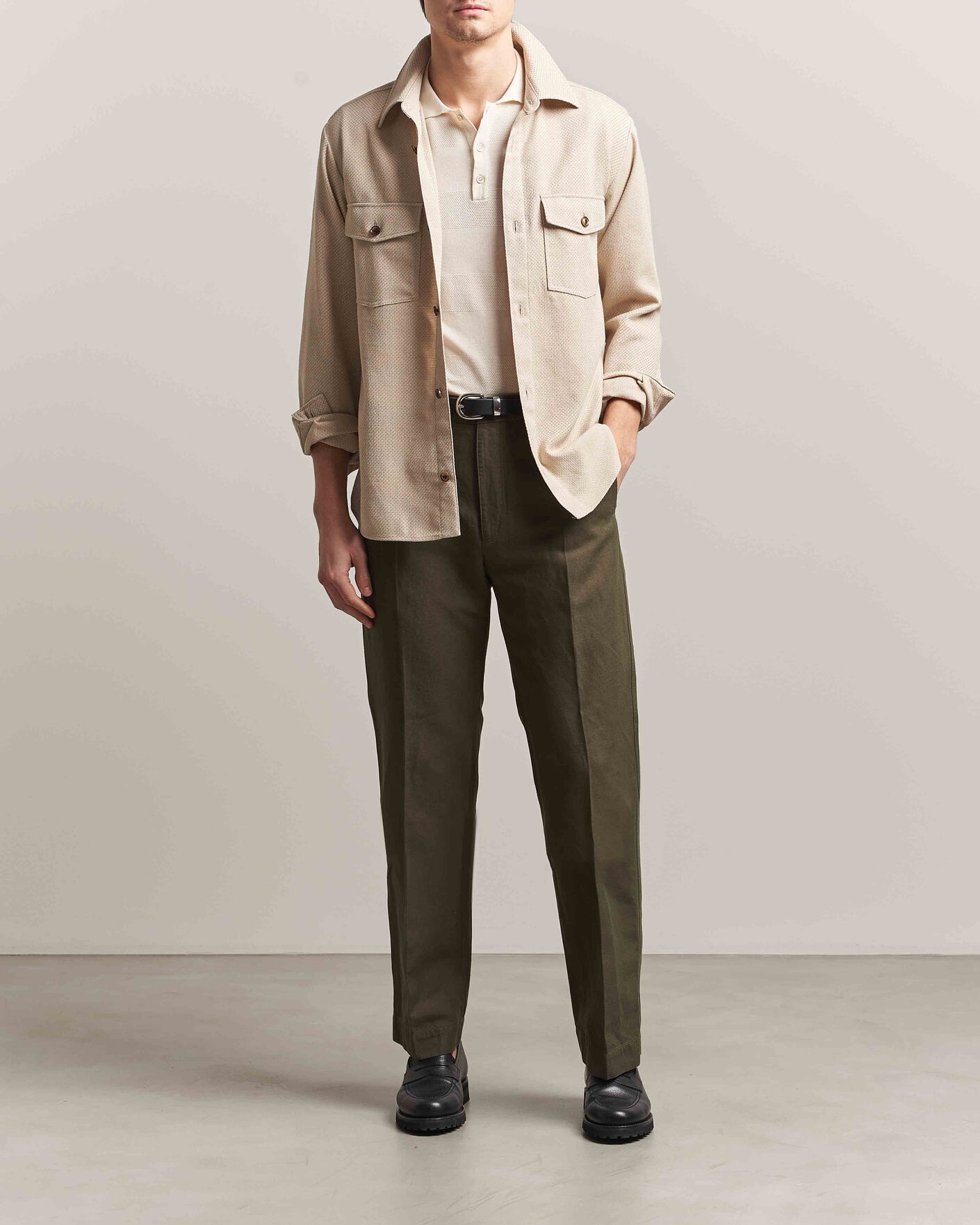 Incotex Regular Fit Cotton/Linen Drill Trousers Military at