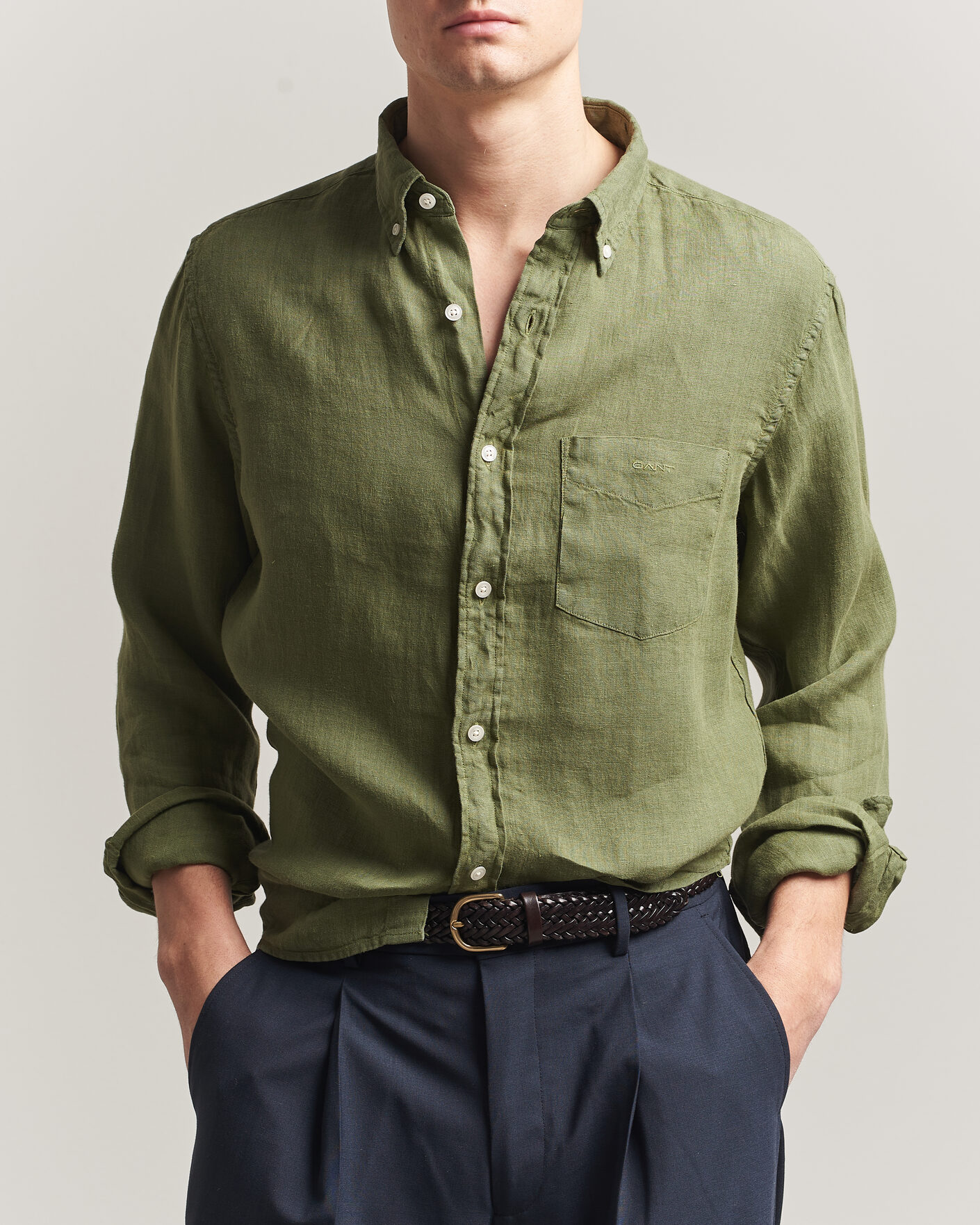Men | Shirts | Gant | Regular Fit Garment Dyed Linen Shirt Dry Herb Green