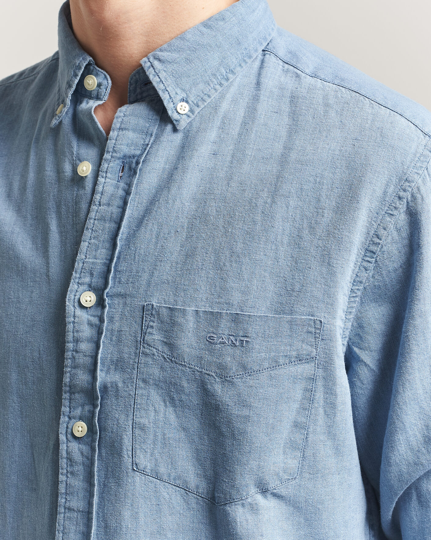 Men | Shirts | Gant | Regular Fit Cotton Linen Indigo Shirt Semi Light Blue
