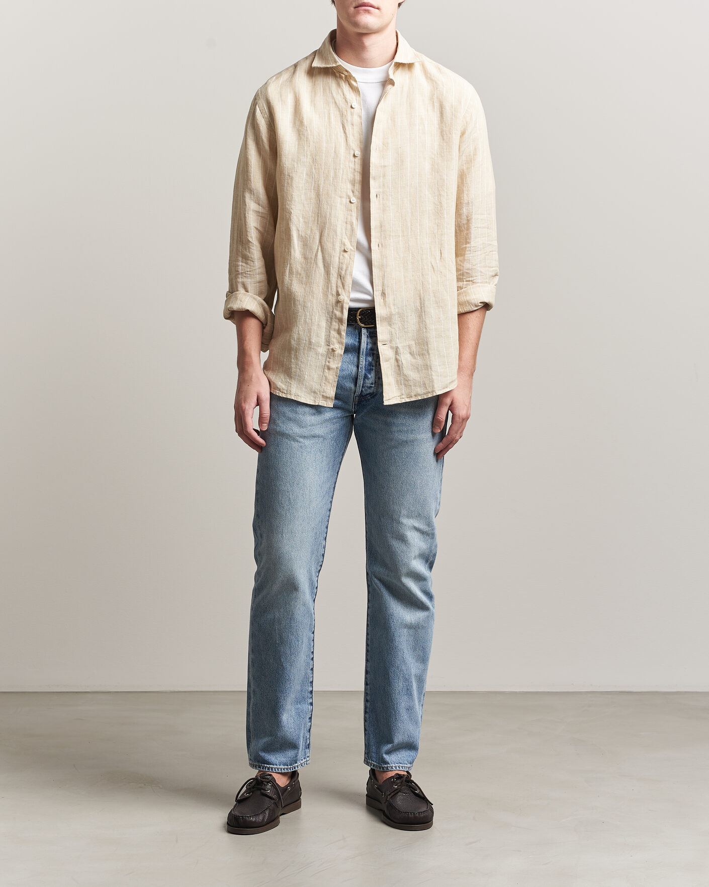 Men | Shirts | GANT | Regular Fit Linen Striped Shirt Oat Beige