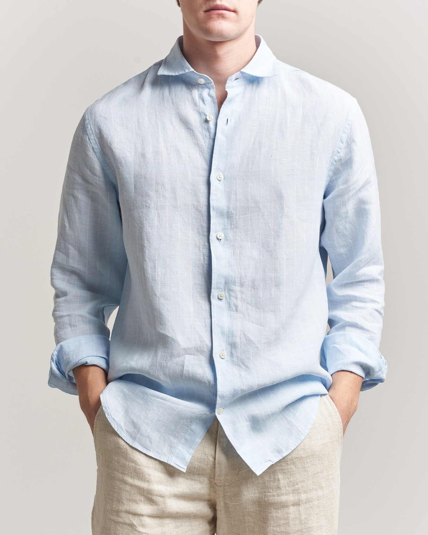 Men | Shirts | GANT | Regular Fit Linen Striped Shirt Sky Blue
