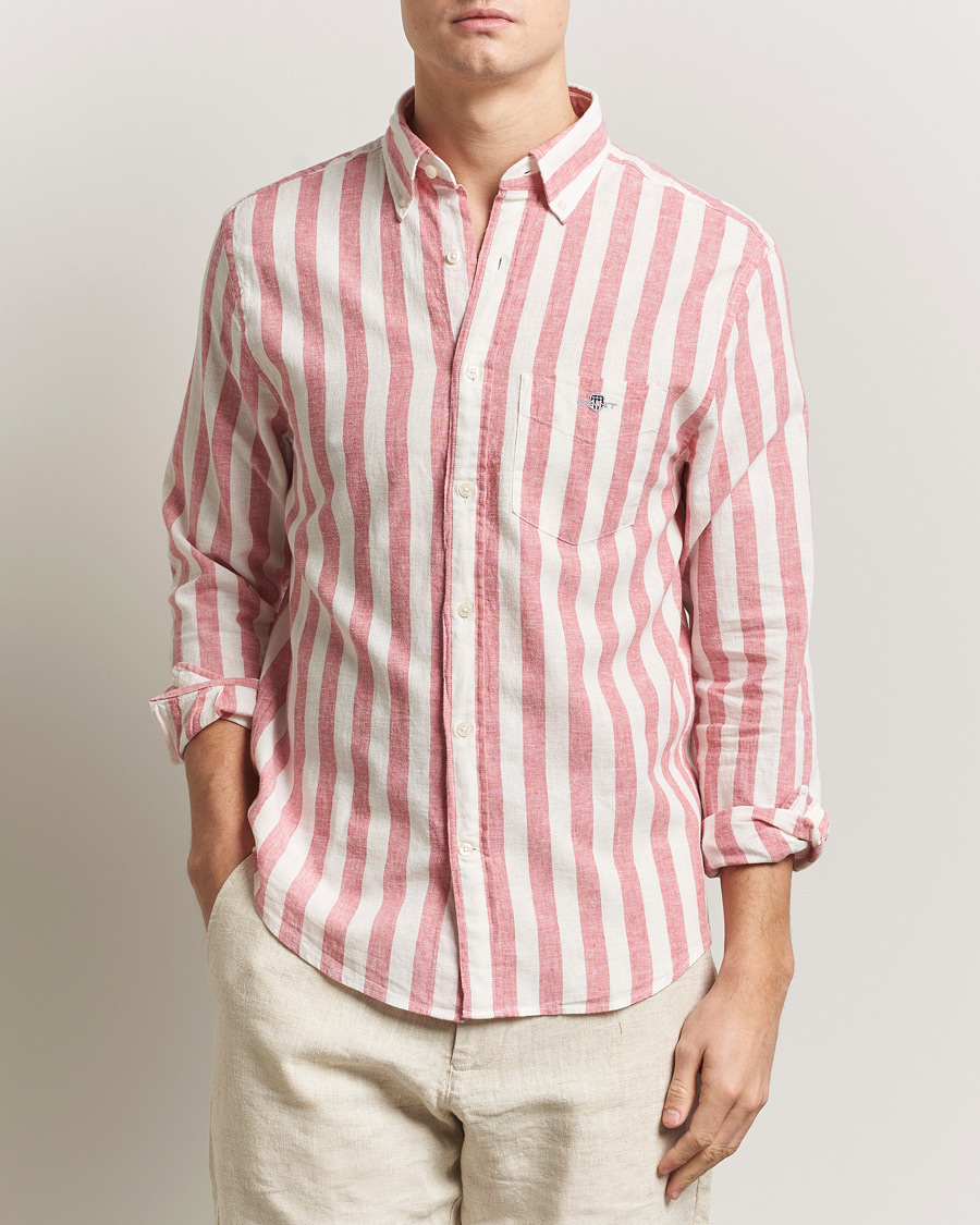 Men | Shirts | Gant | Regular Fit Linen/Cotton Striped Shirt Rose Pink