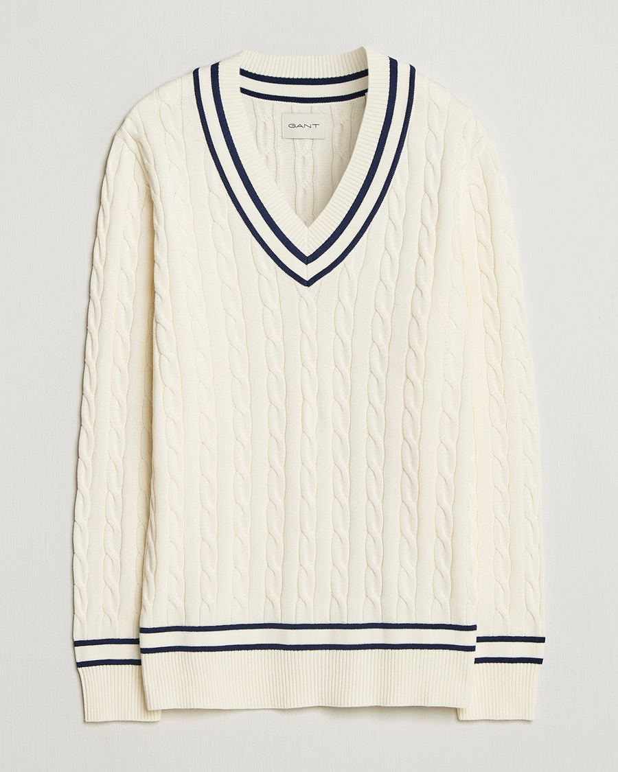 Men | Sweaters & Knitwear | GANT | Cotton Cable Cricket Sweater Cream