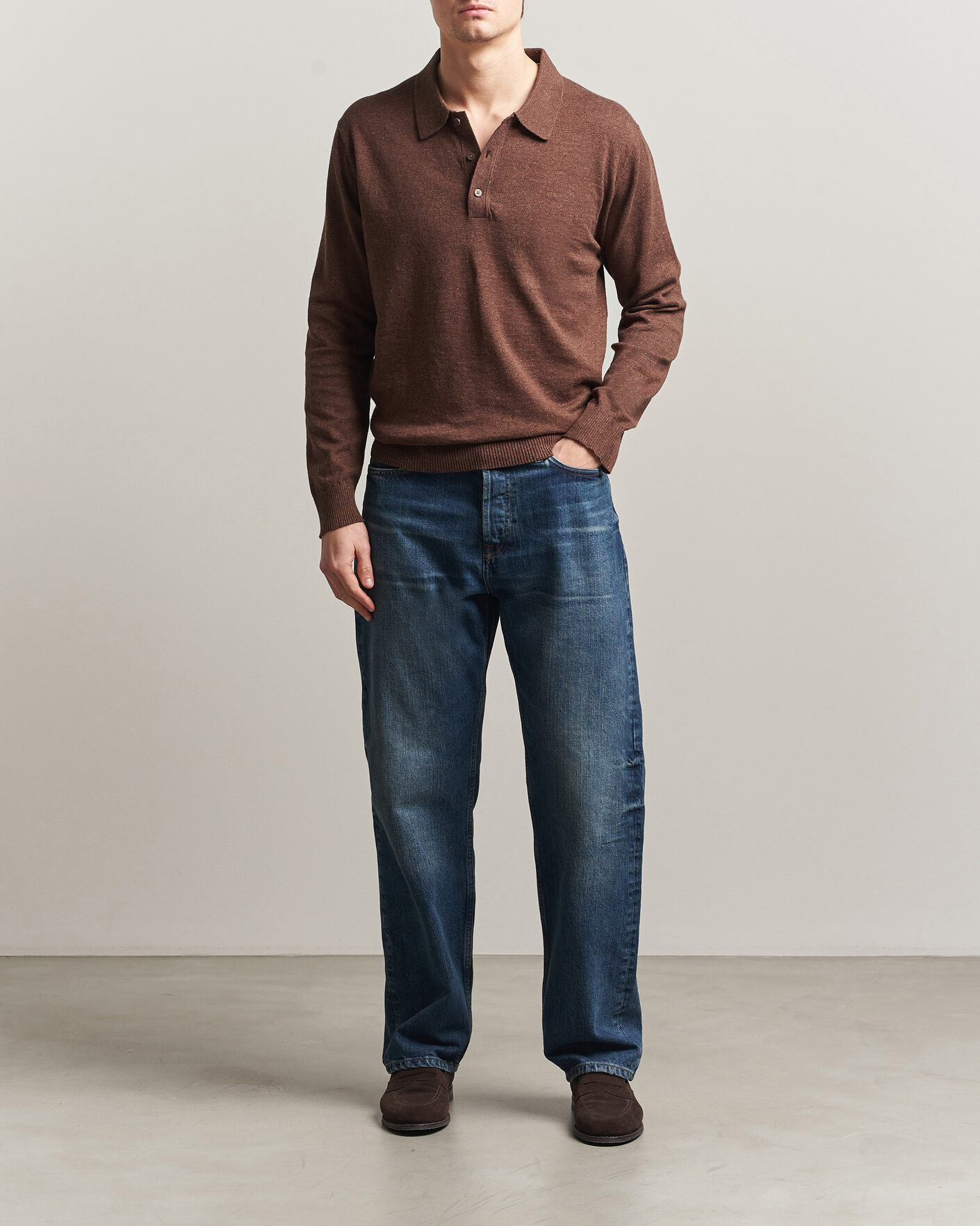 Men | Sweaters & Knitwear | GANT | Cotton/Linen Slub Knitted Polo Hazelnut Melange