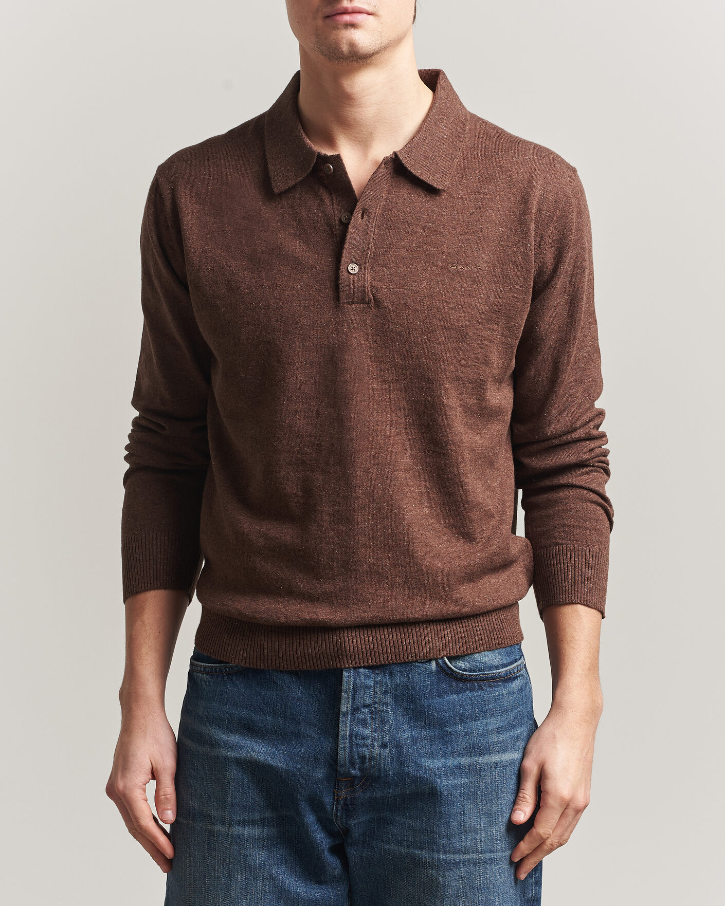 Men | Sweaters & Knitwear | Gant | Cotton/Linen Slub Knitted Polo Hazelnut Melange