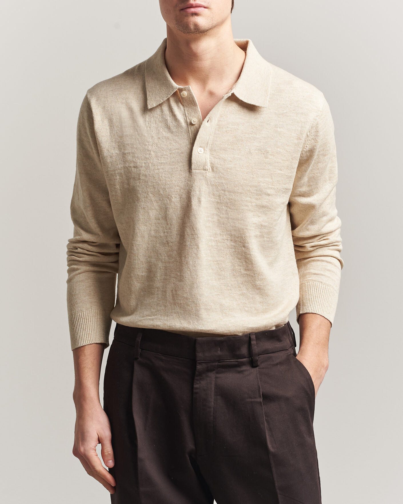 Men | Sweaters & Knitwear | Gant | Cotton/Linen Slub Knitted Polo Seed Melange