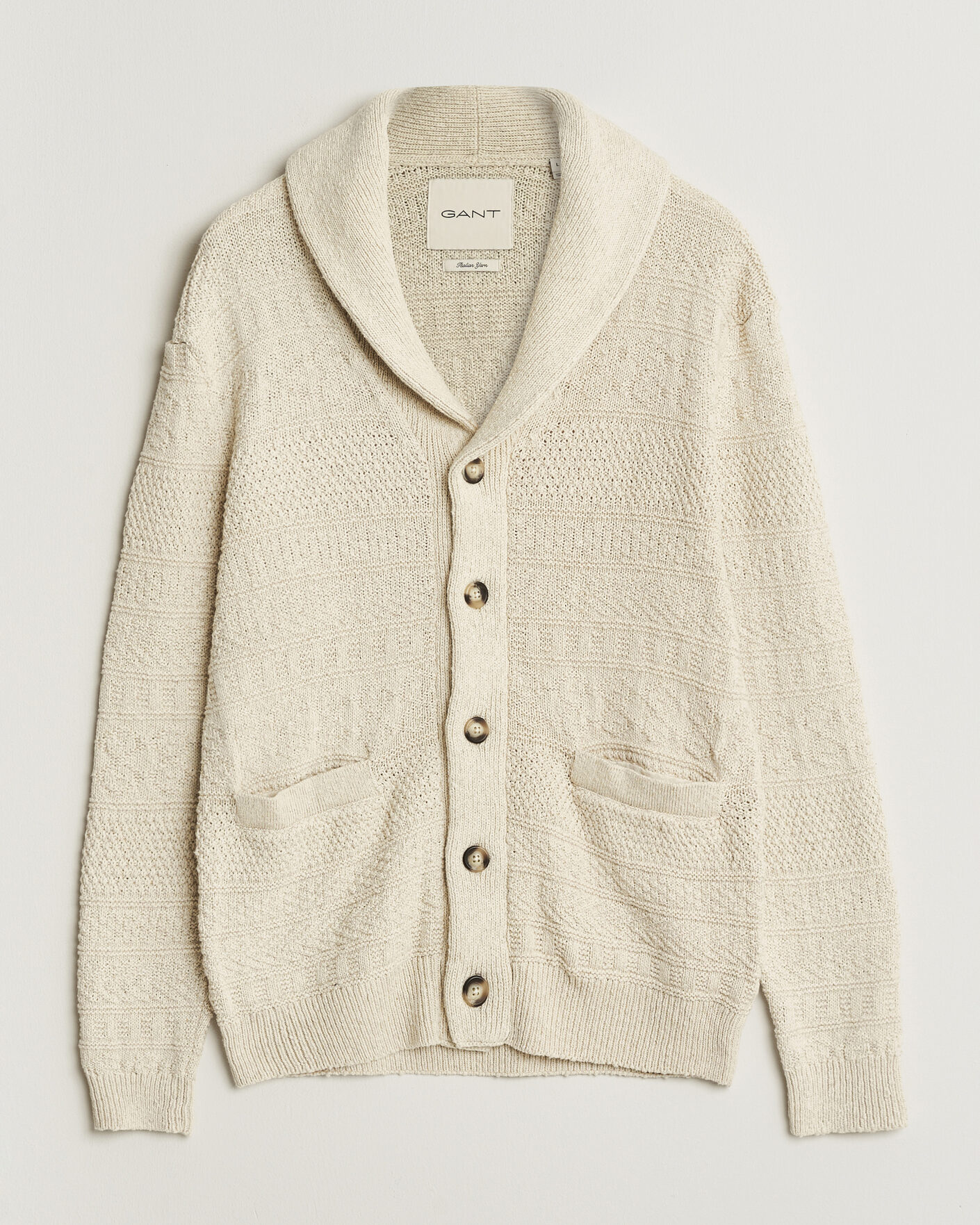 Men | Sweaters & Knitwear | Gant | Cotton/Linen Textured Cardigan Creamed White