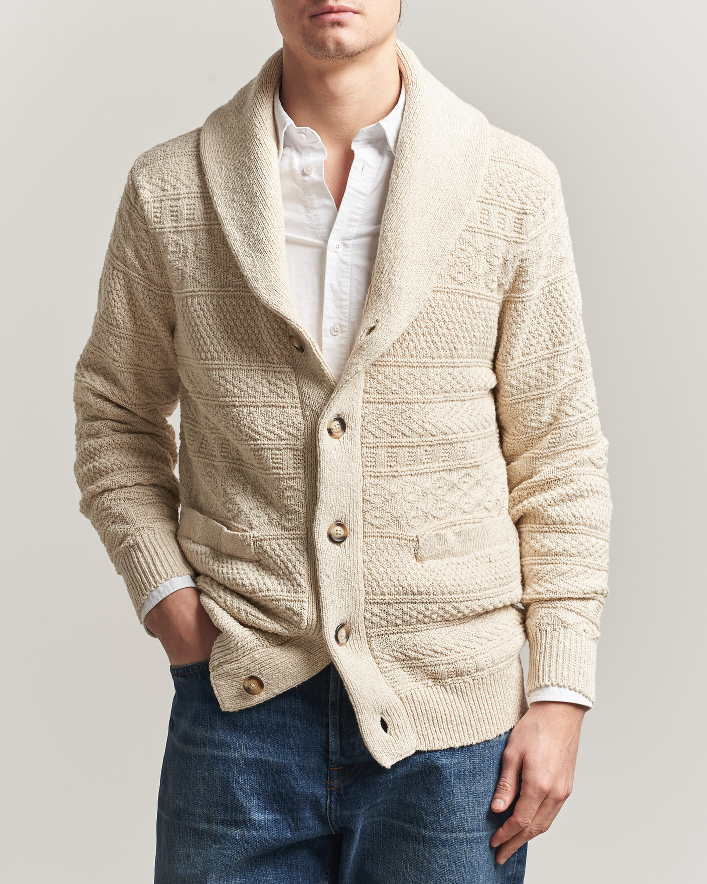 Men | Sweaters & Knitwear | Gant | Cotton/Linen Textured Cardigan Creamed White