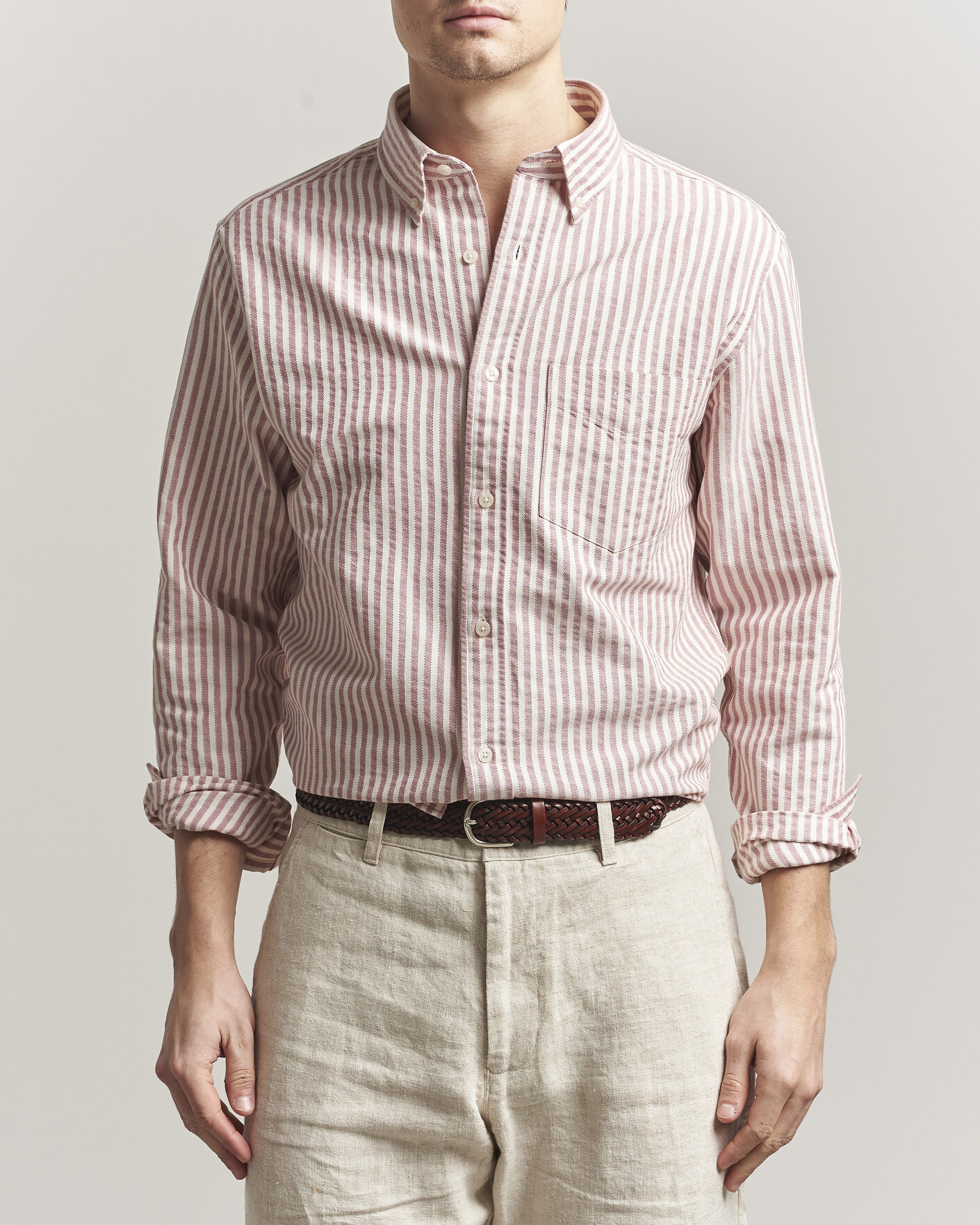 Men | Shirts | GANT | Regular Fit Textured Striped Shirt Rose Red
