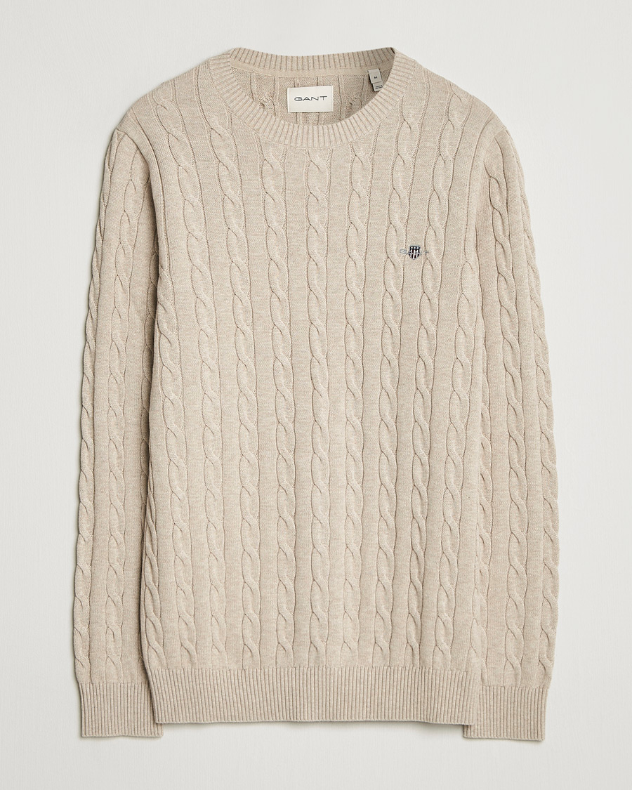 Men | Sweaters & Knitwear | GANT | Cotton Cable Crew Neck Pullover Oat Melange