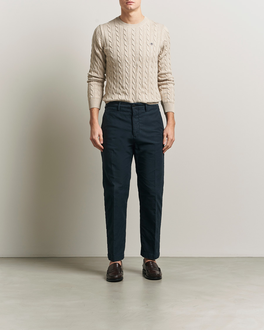Men | Sweaters & Knitwear | GANT | Cotton Cable Crew Neck Pullover Oat Melange