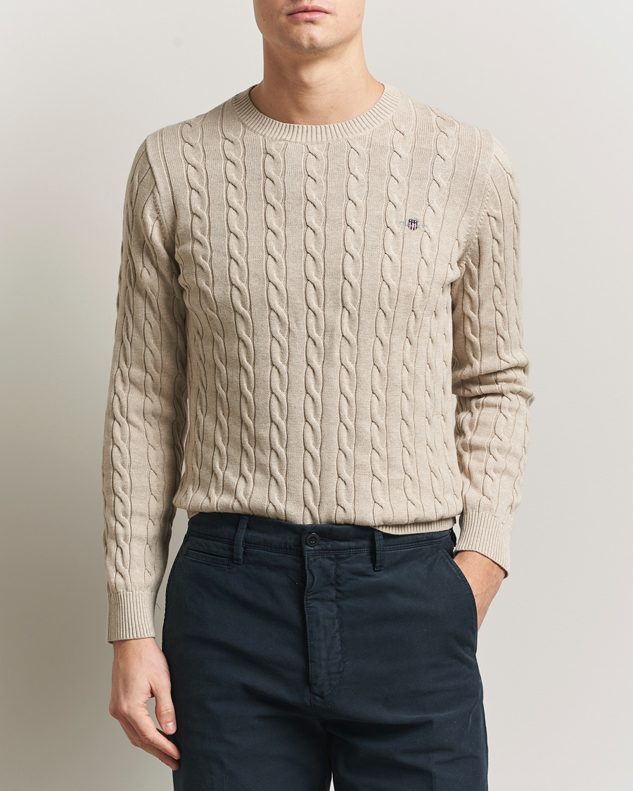 Men | Sweaters & Knitwear | Gant | Cotton Cable Crew Neck Pullover Oat Melange