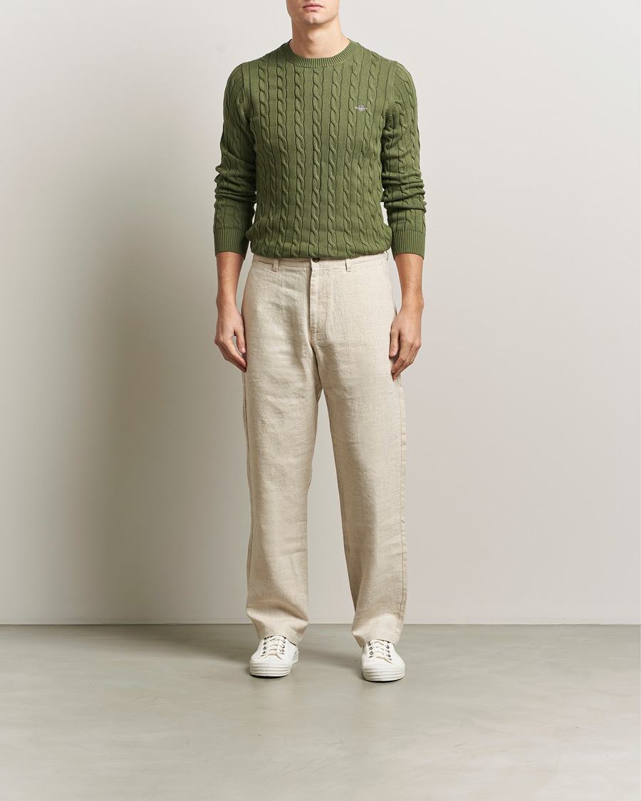 Men | Sweaters & Knitwear | GANT | Cotton Cable Crew Neck Pullover Dry Herb Green