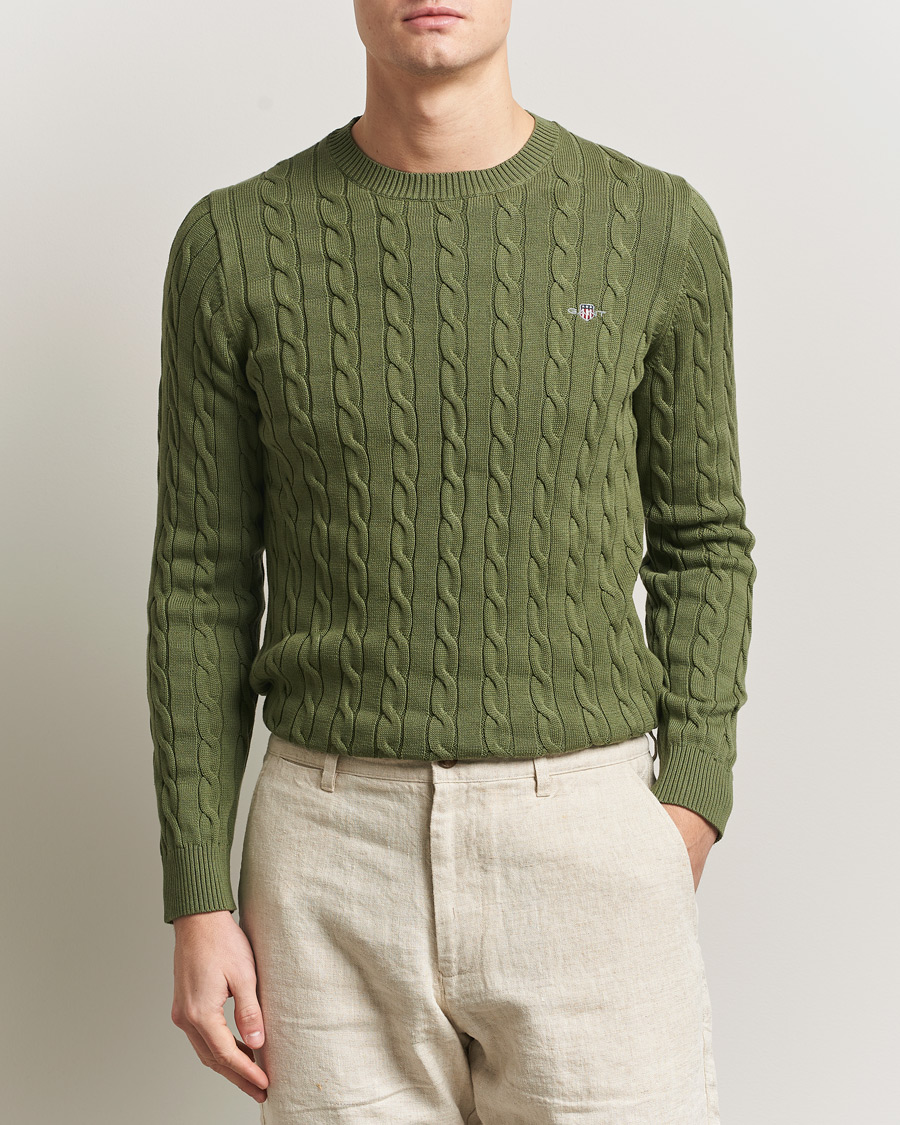Men | Sweaters & Knitwear | Gant | Cotton Cable Crew Neck Pullover Dry Herb Green