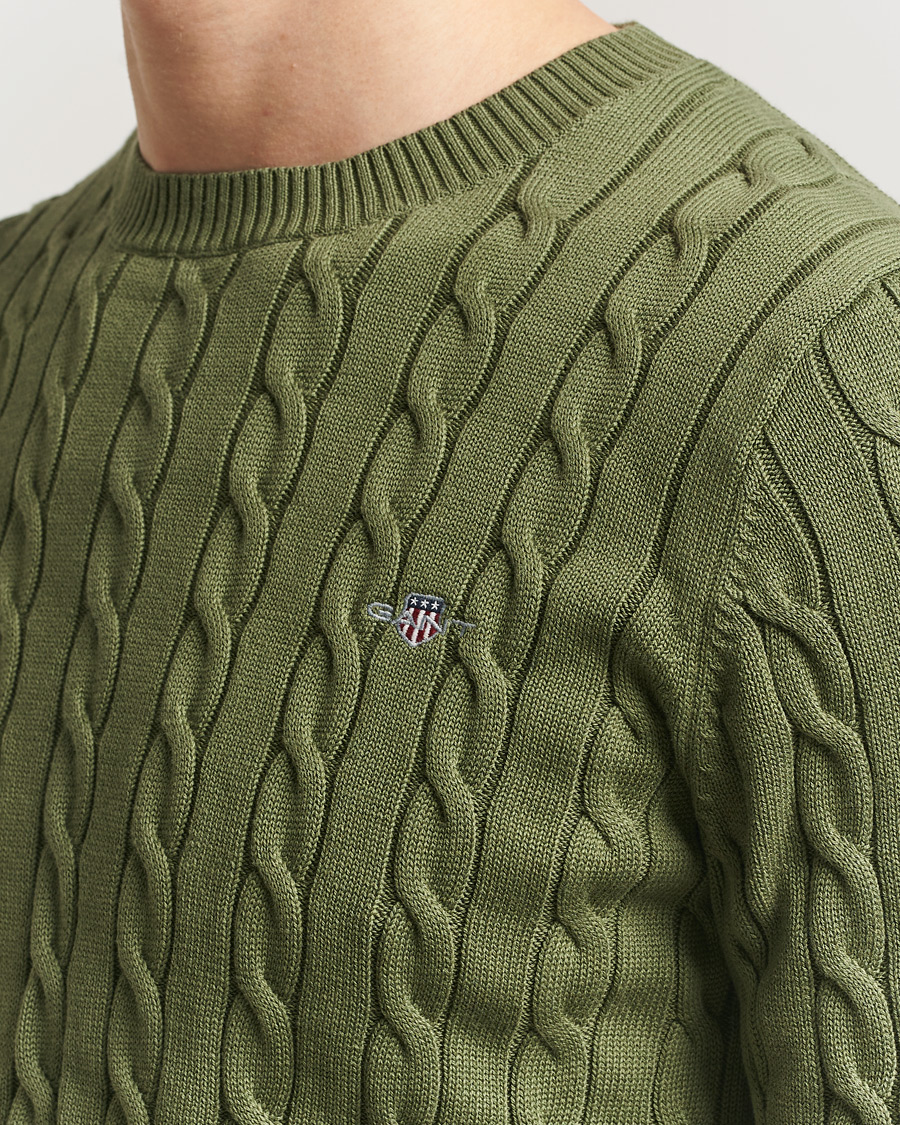 Men | Sweaters & Knitwear | GANT | Cotton Cable Crew Neck Pullover Dry Herb Green
