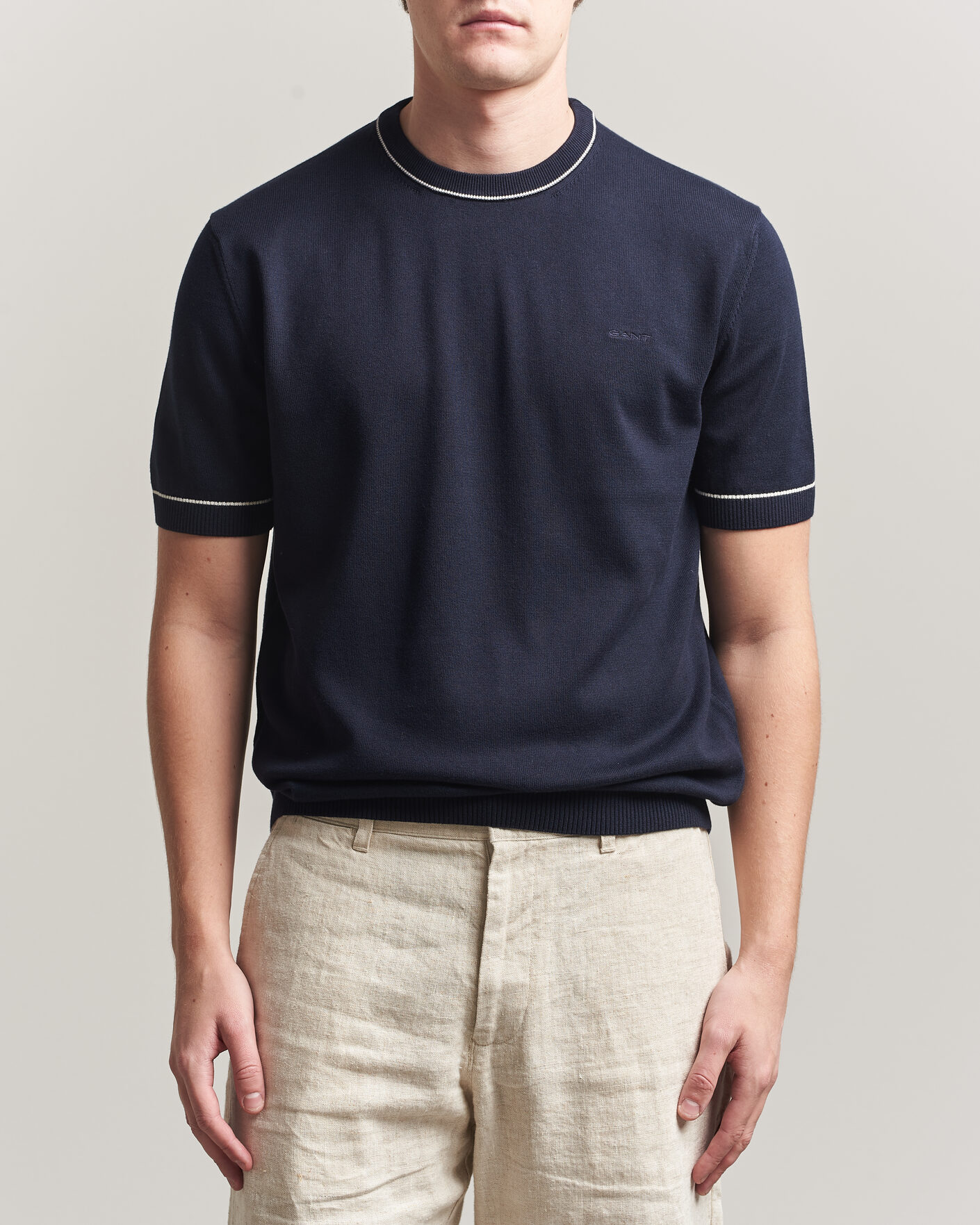 Men | T-Shirts | GANT | Cotton/Model Knitted T-Shirt Evening Blue
