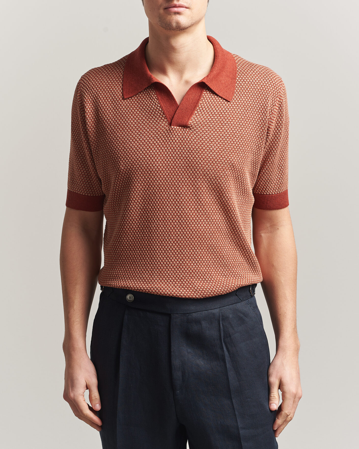 Men | Polo Shirts | Piacenza Cashmere | Silk/Linen Honeycomb Knitted Polo Red