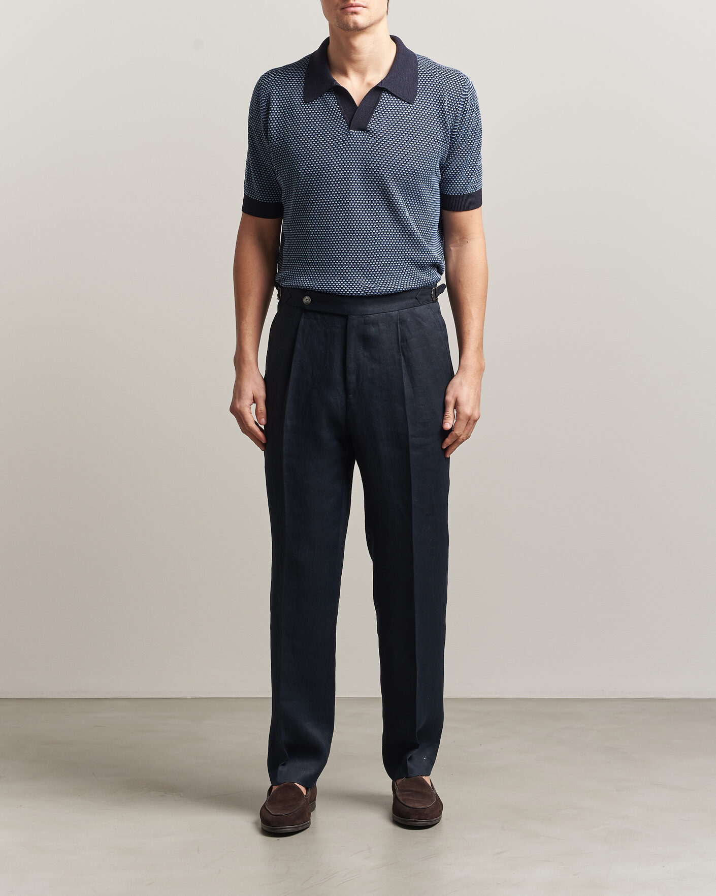 Men | Polo Shirts | Piacenza Cashmere | Silk/Linen Honeycomb Knitted Polo Navy