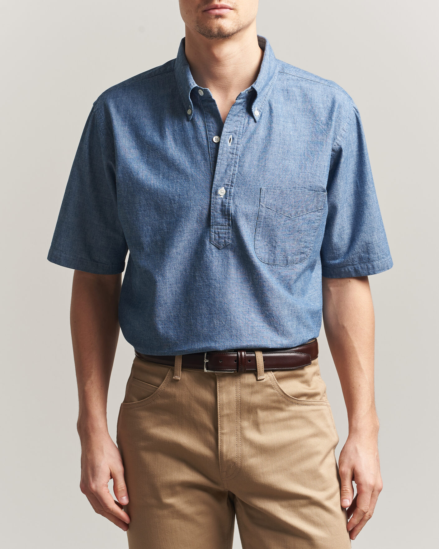 Men | Shirts | Kamakura Shirts | Vintage Ivy Half Sleeve Chambray Popover Blue
